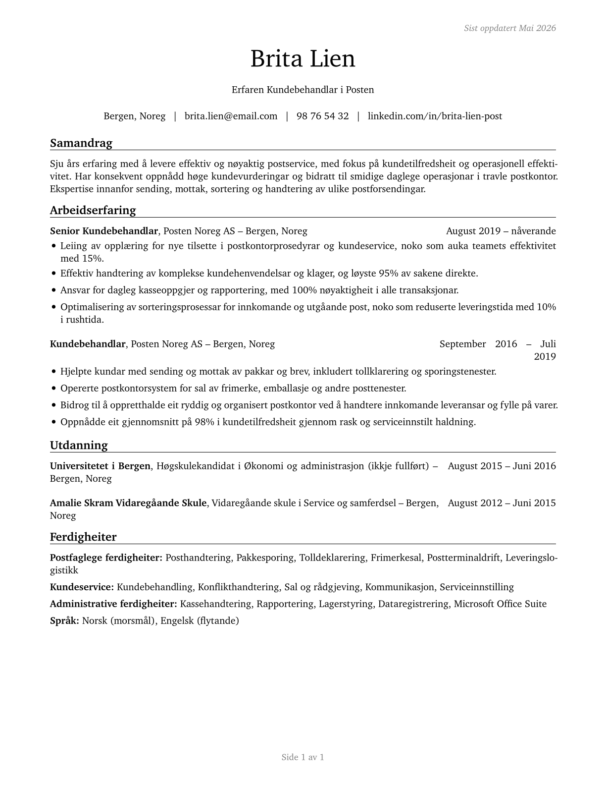 Postal Service Clerks CV in Norwegian_nynorsk — page 1