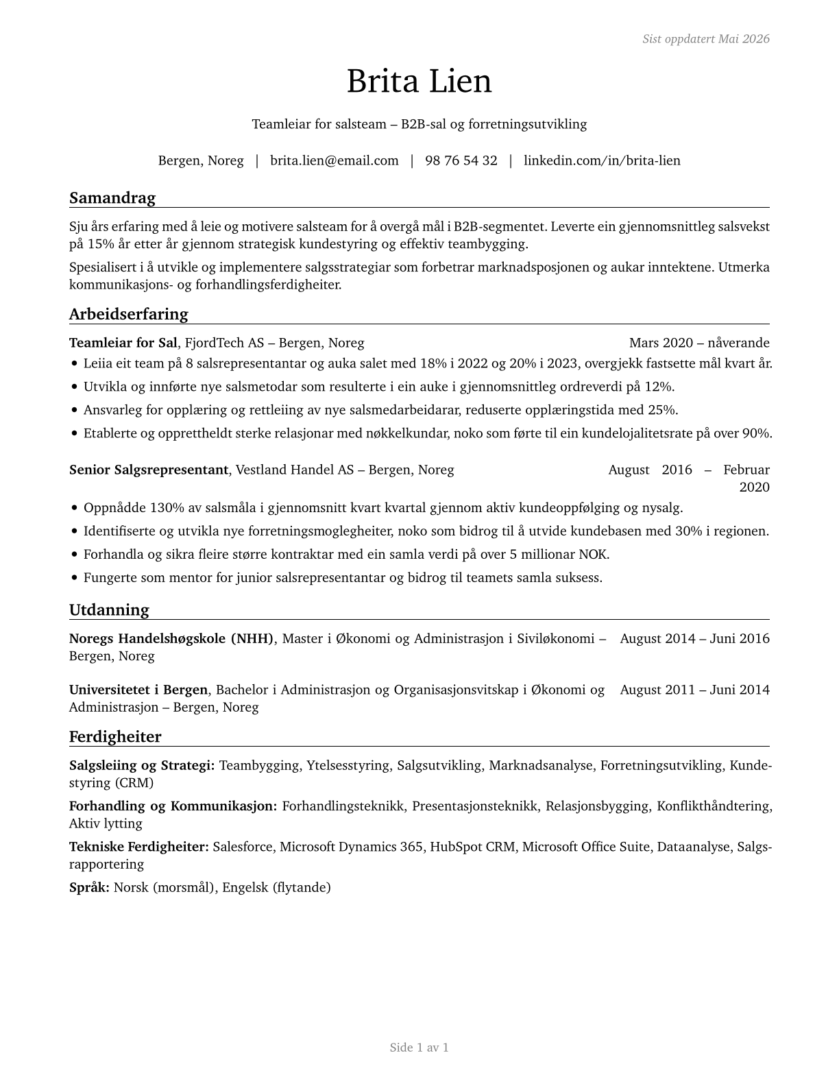 First-Line Supervisors of Non-Retail Sales Workers CV in Norwegian_nynorsk — page 1