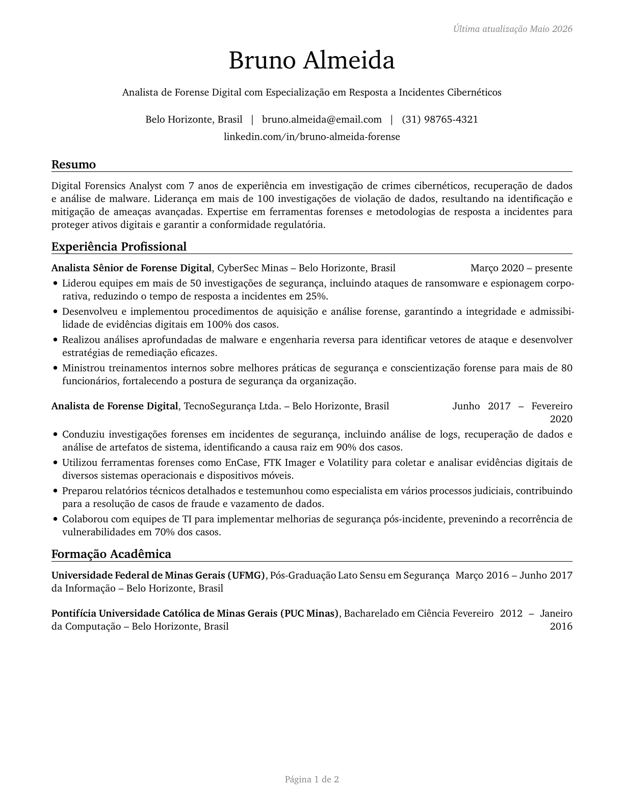 Digital Forensics Analysts CV in Portuguese — page 1