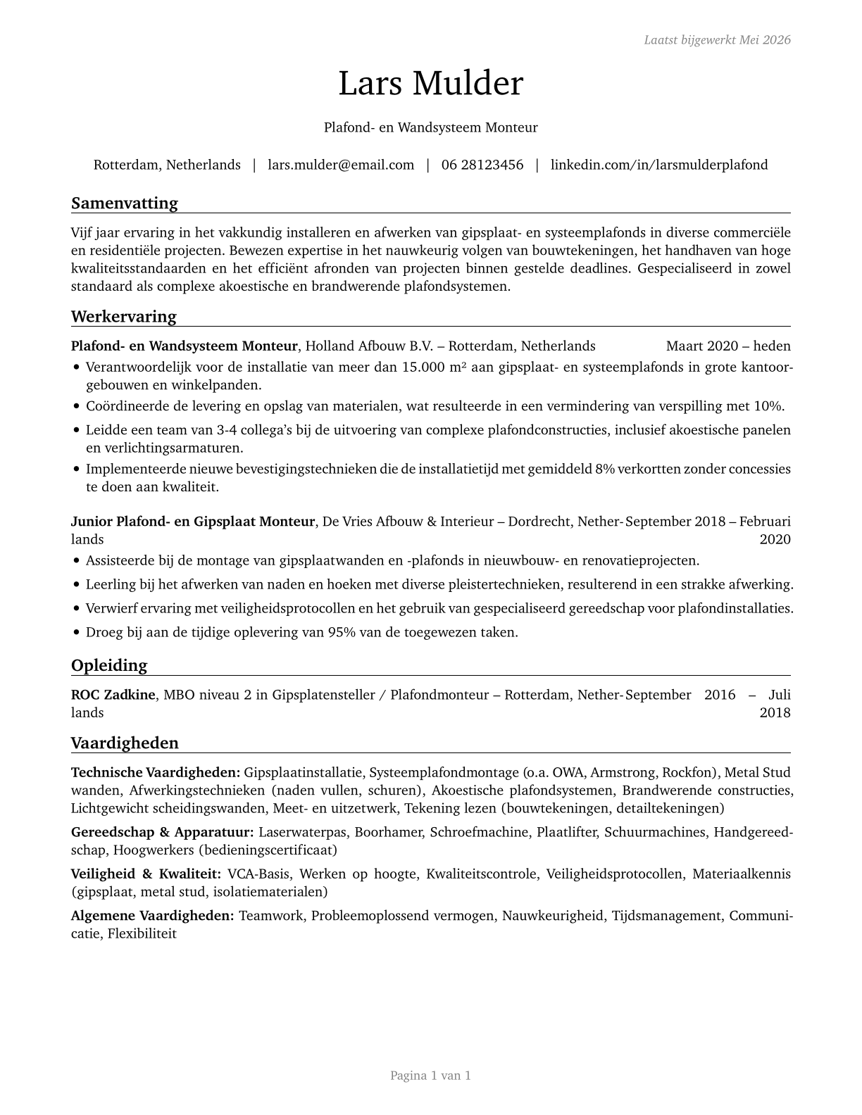 Drywall and Ceiling Tile Installers CV in Dutch — page 1