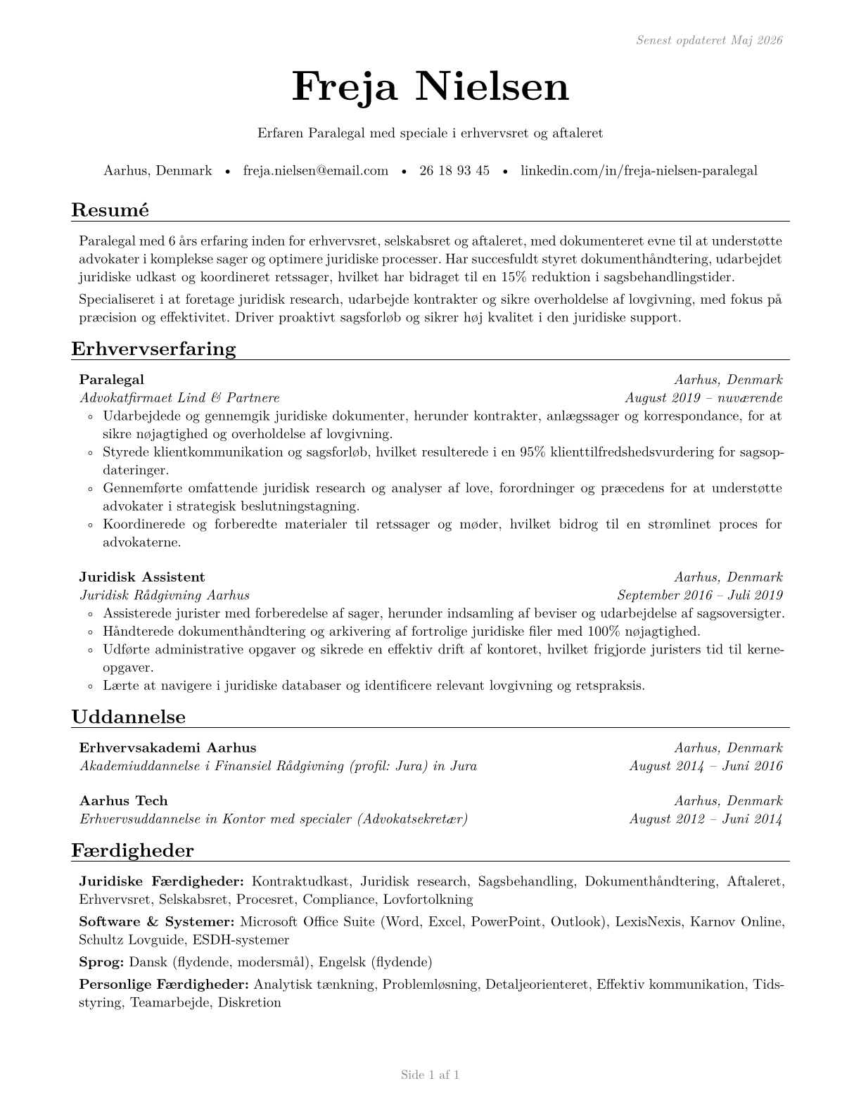 Paralegals and Legal Assistants CV in Danish — page 1