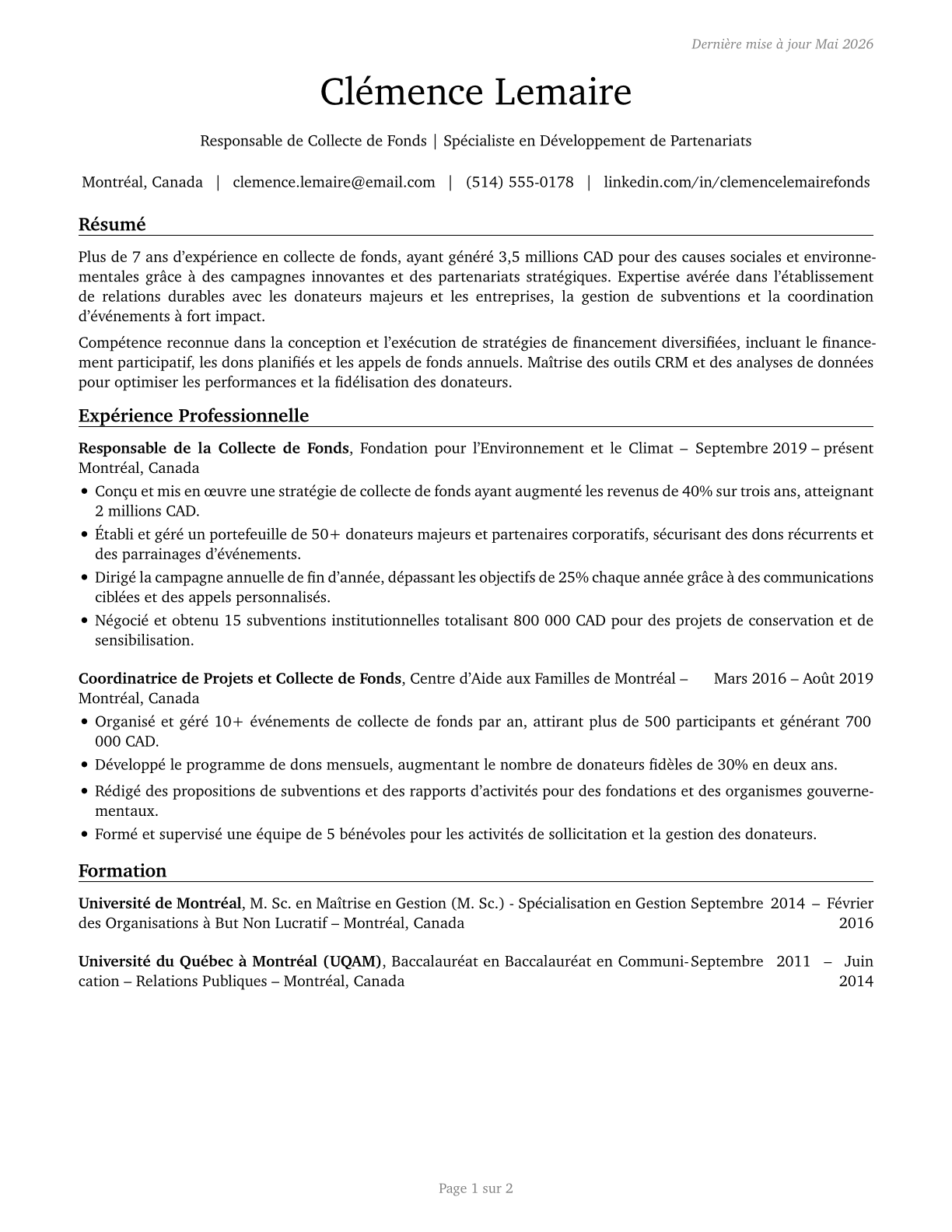 Fundraisers CV in French — page 1