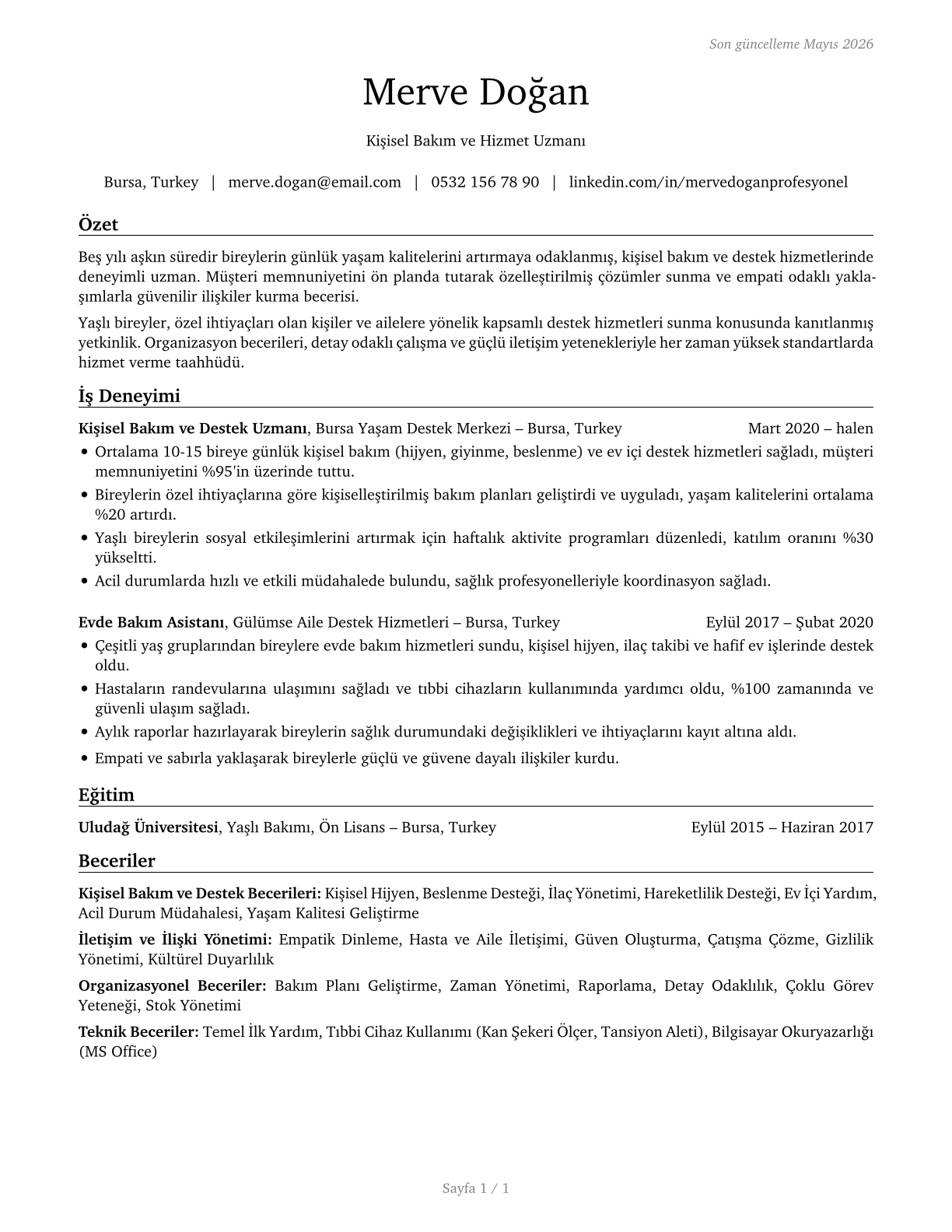 Personal Care and Service Workers, All Other CV in Turkish — page 1