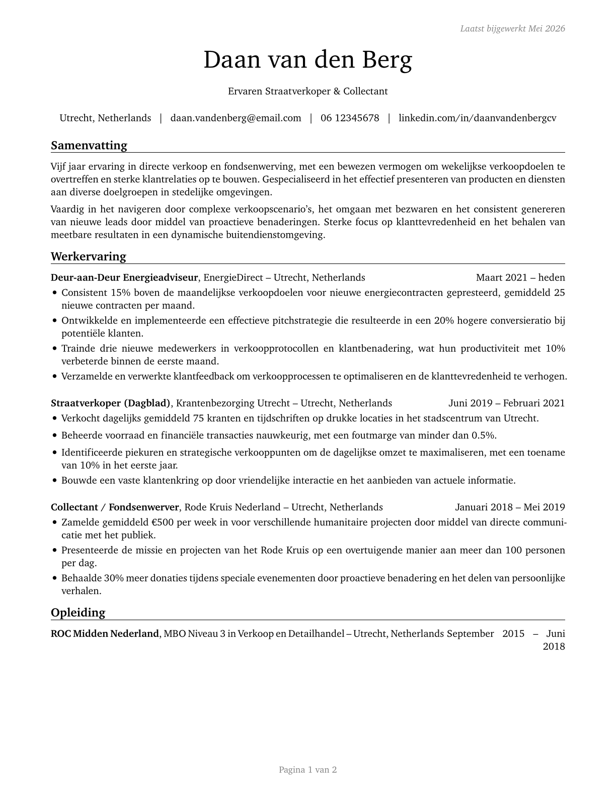 Door-to-Door Sales Workers, News and Street Vendors, and Related Workers CV in Dutch — page 1