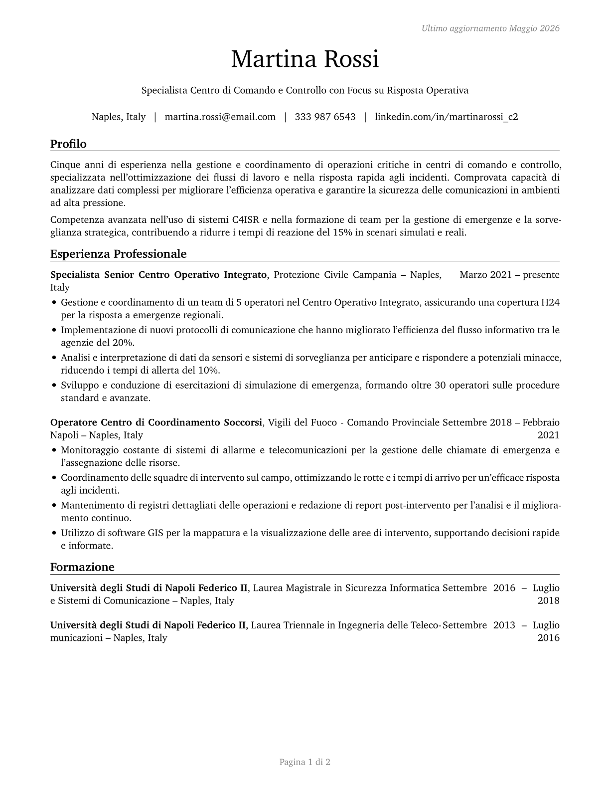 Command and Control Center Specialists CV in Italian — page 1