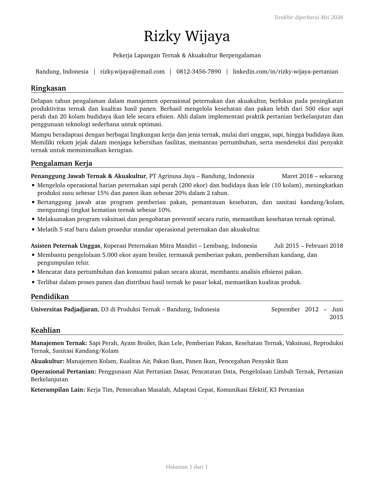 Farmworkers, Farm, Ranch, and Aquacultural Animals CV in Indonesian — page 1