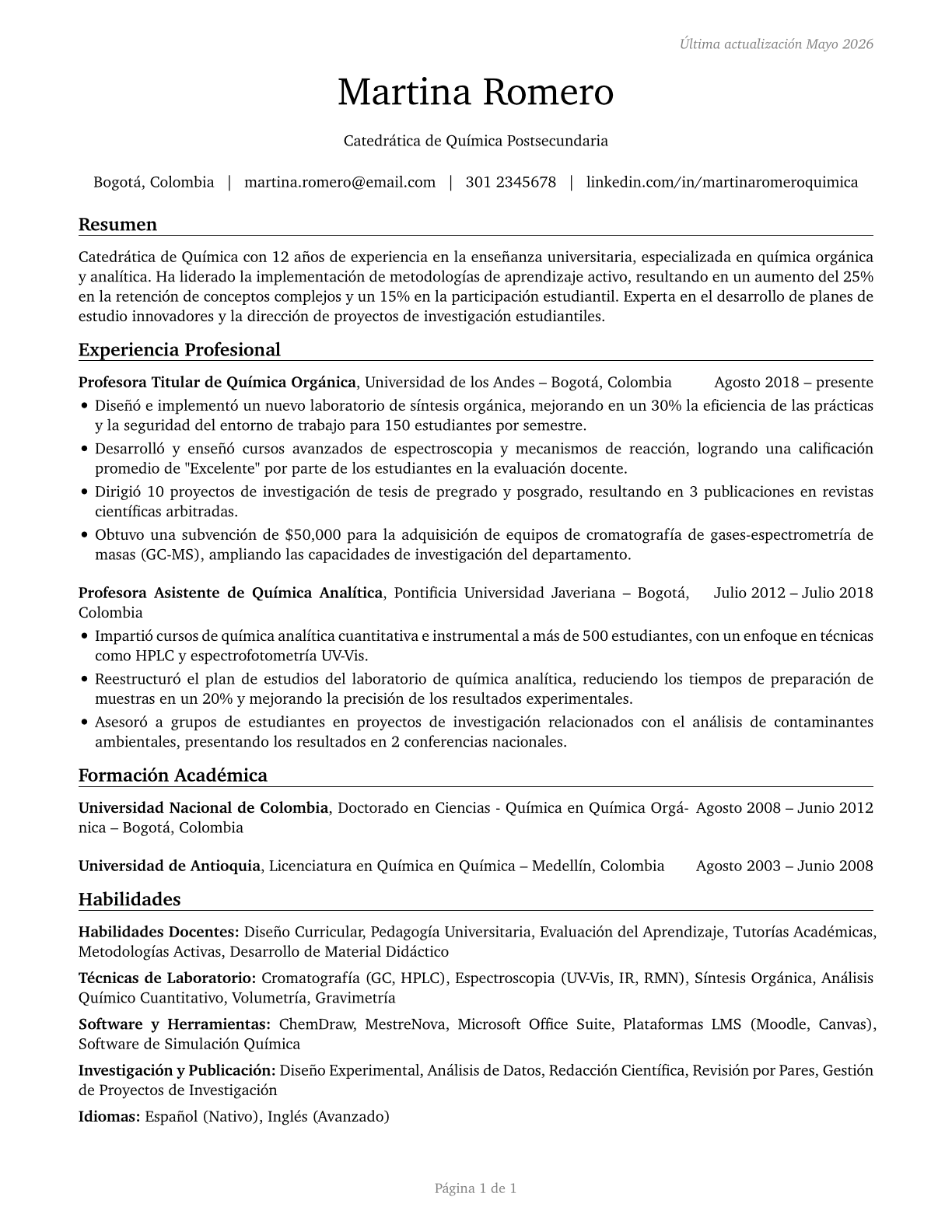 Chemistry Teachers, Postsecondary CV in Spanish — page 1