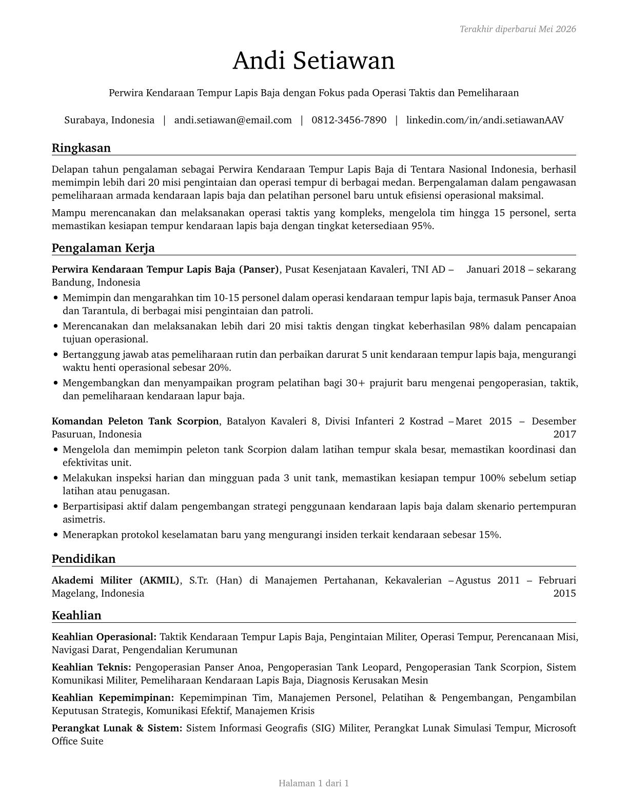 Armored Assault Vehicle Officers CV in Indonesian — page 1