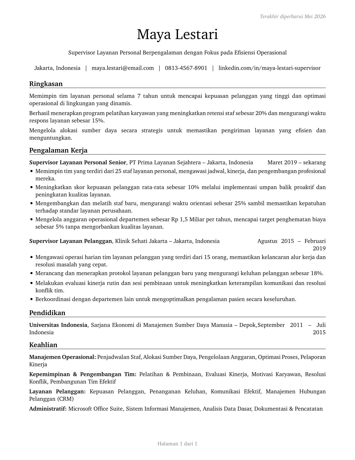 First-Line Supervisors of Personal Service Workers CV in Indonesian — page 1