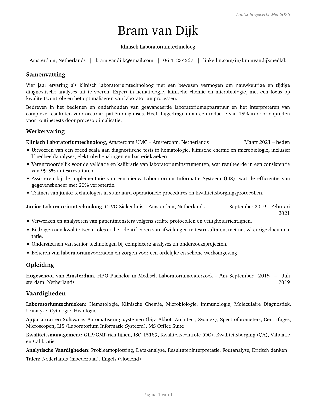 Medical and Clinical Laboratory Technicians CV in Dutch — page 1