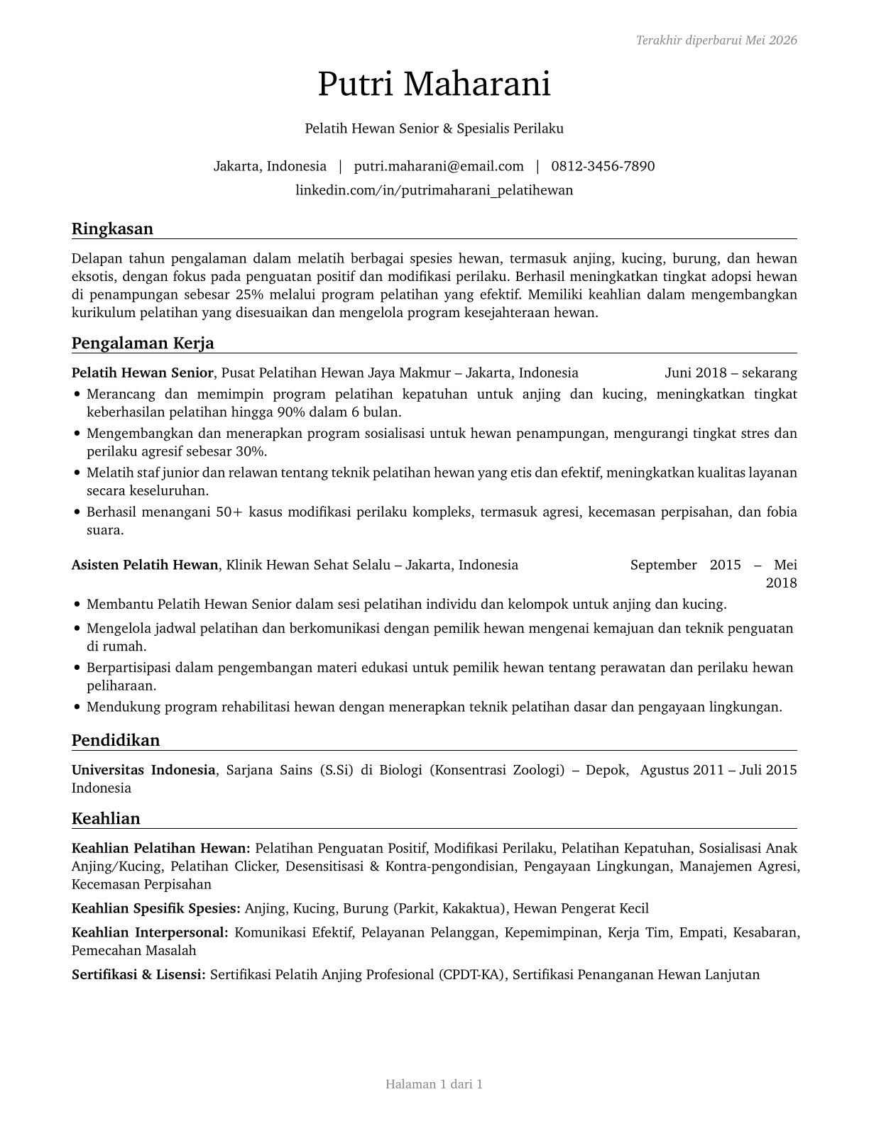Animal Trainers CV in Indonesian — page 1