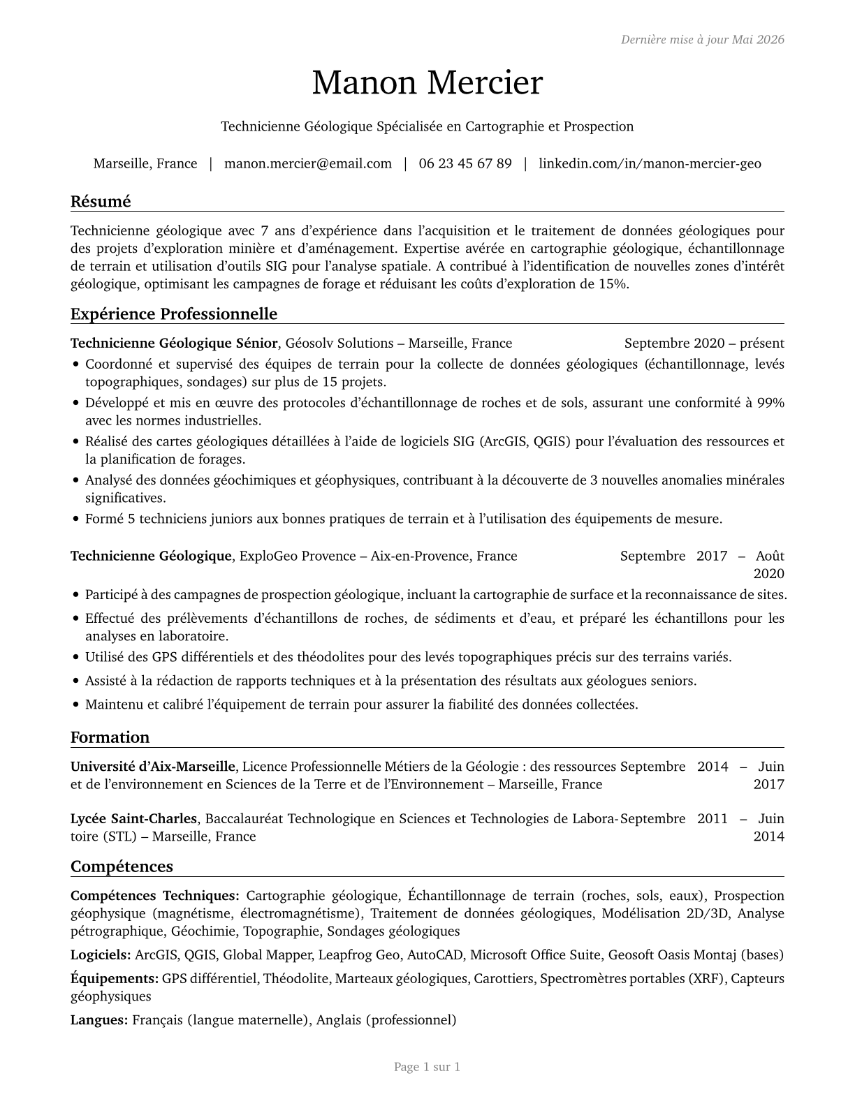 Geological Technicians, Except Hydrologic Technicians CV in French — page 1