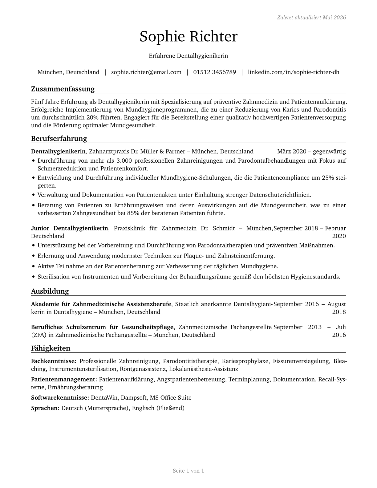 Dental Hygienists CV in German — page 1
