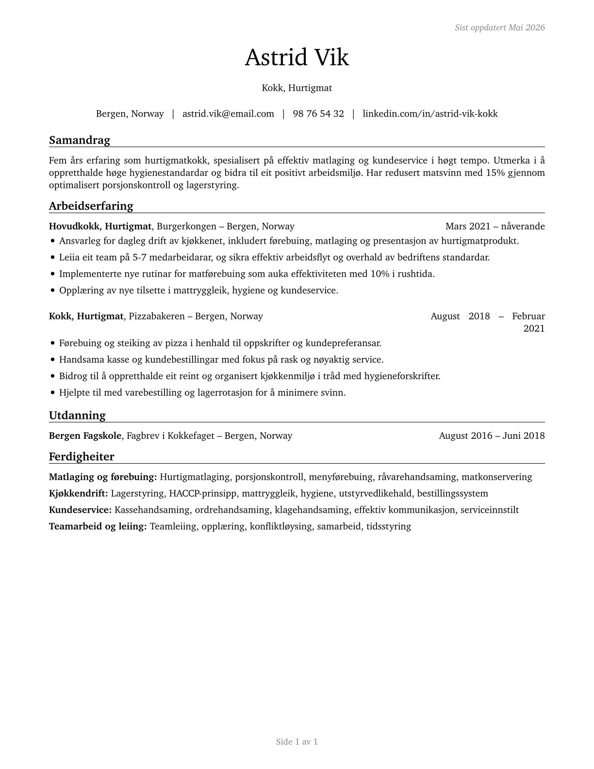 Cooks, Fast Food CV in Norwegian_nynorsk — page 1
