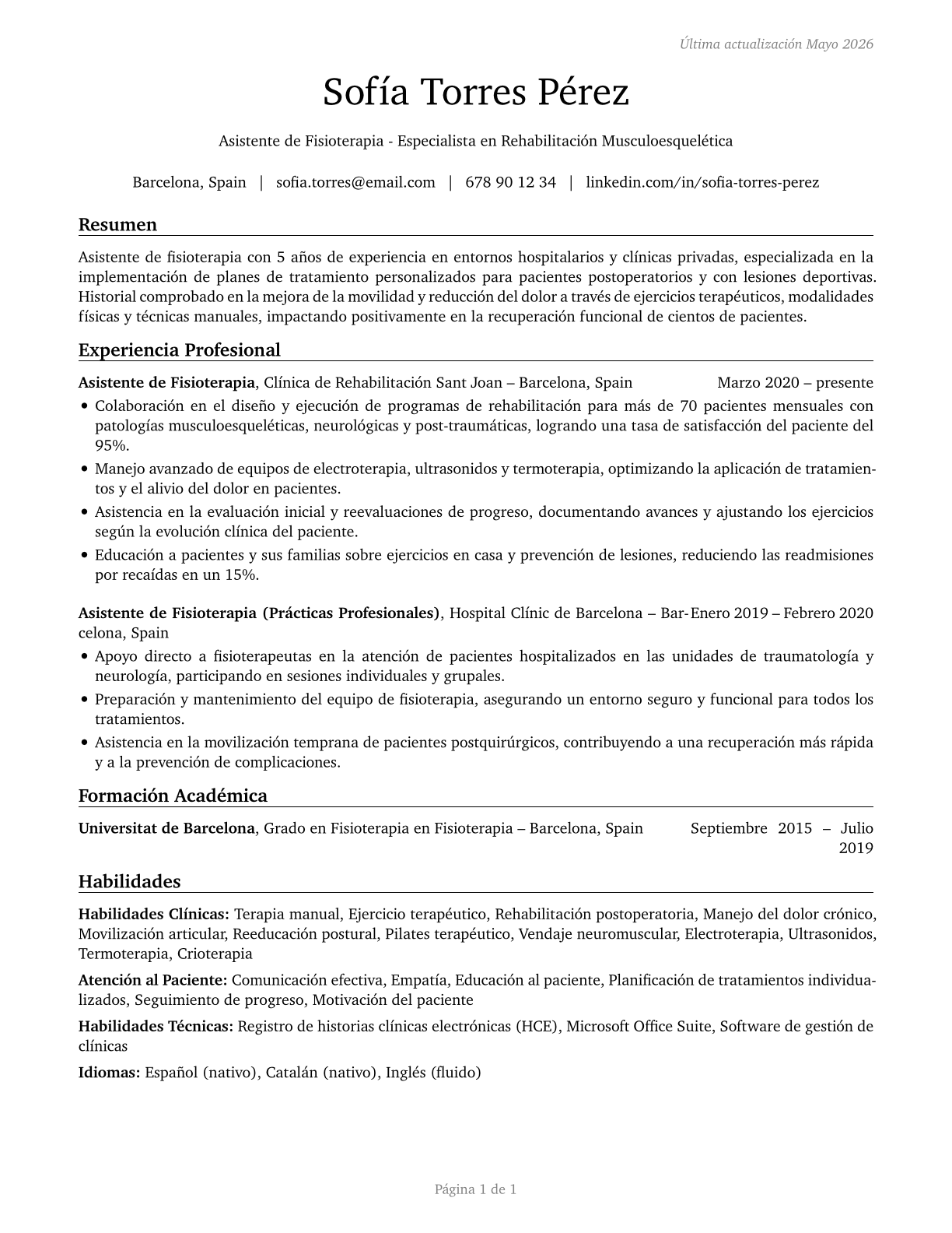 Physical Therapist Assistants CV in Spanish — page 1