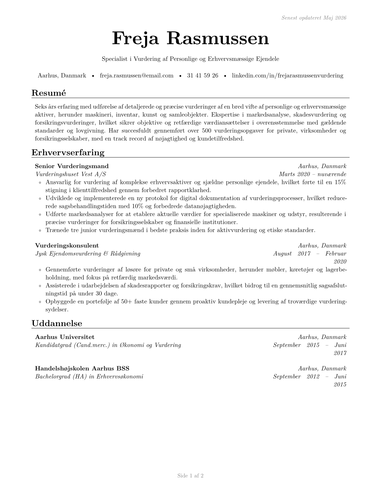 Appraisers of Personal and Business Property CV in Danish — page 1