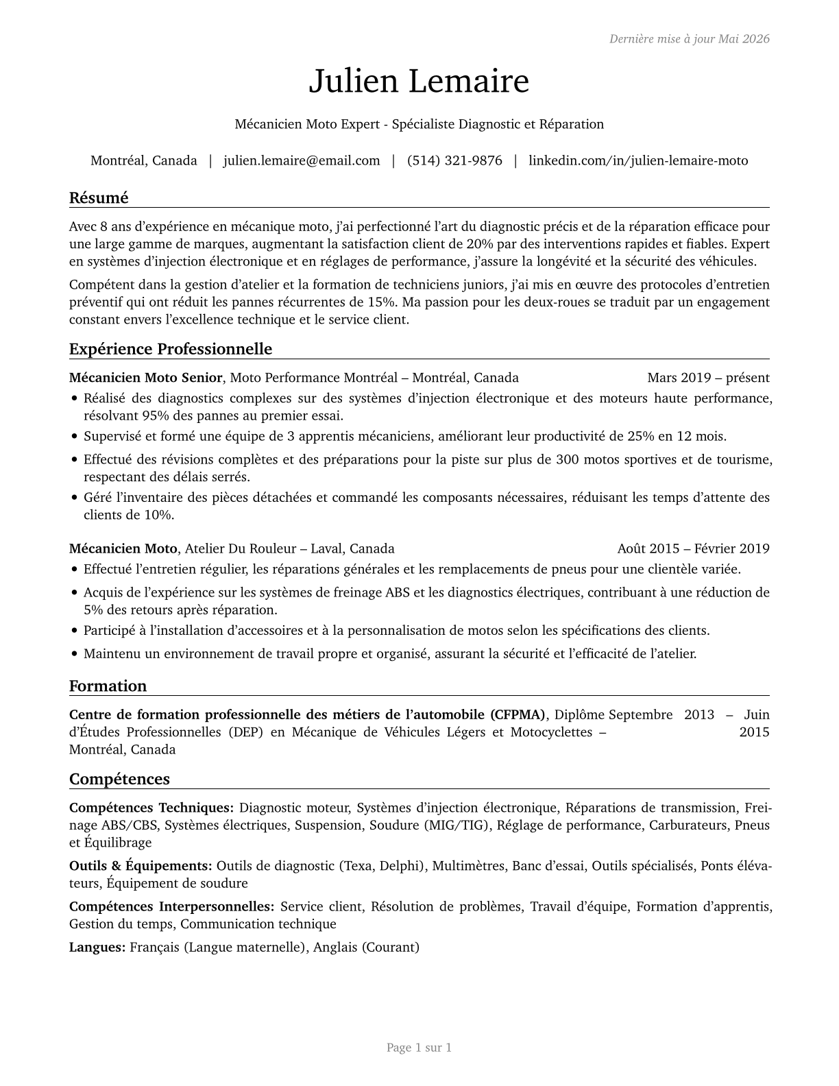 Motorcycle Mechanics CV in French — page 1