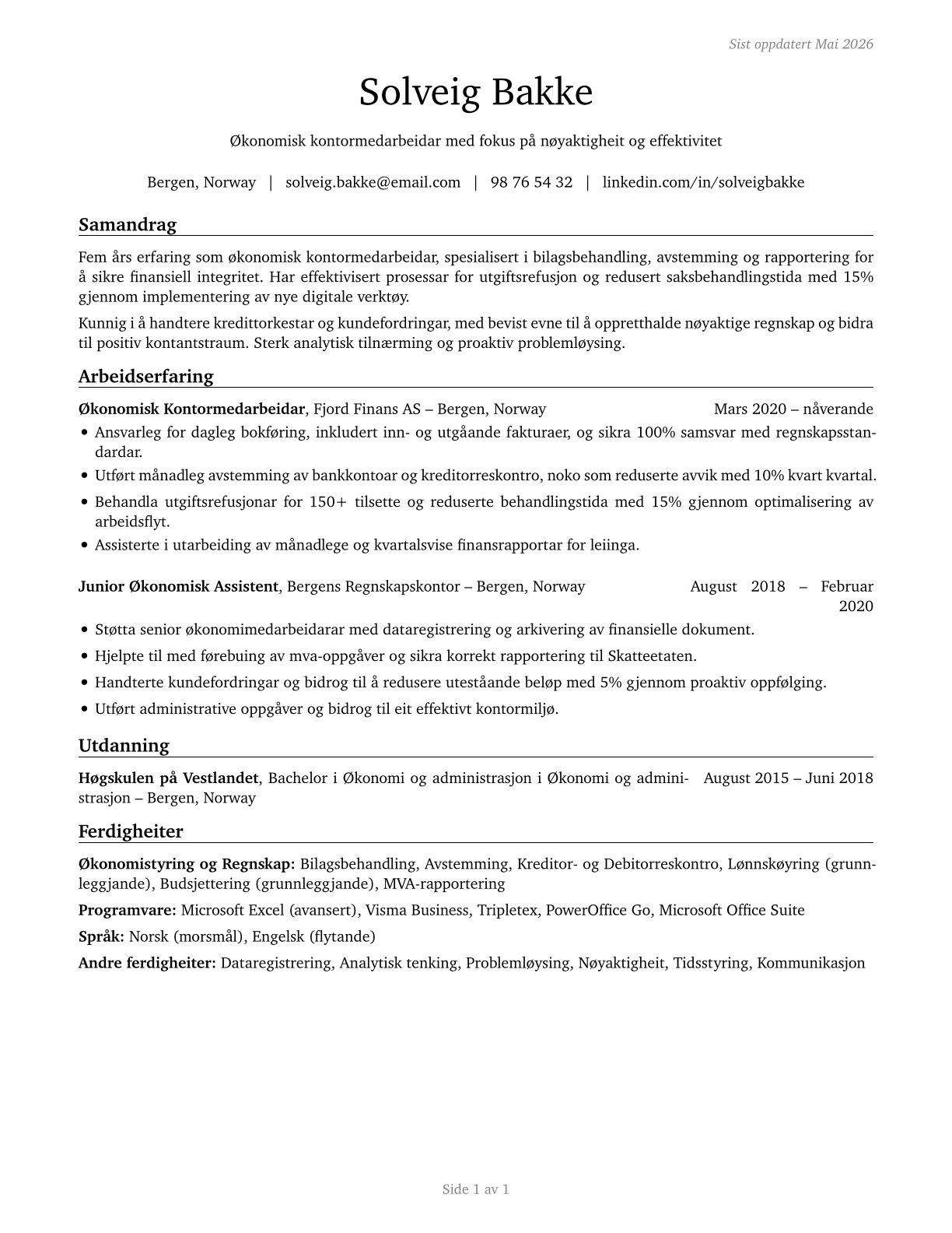 Financial Clerks, All Other CV in Norwegian_nynorsk — page 1