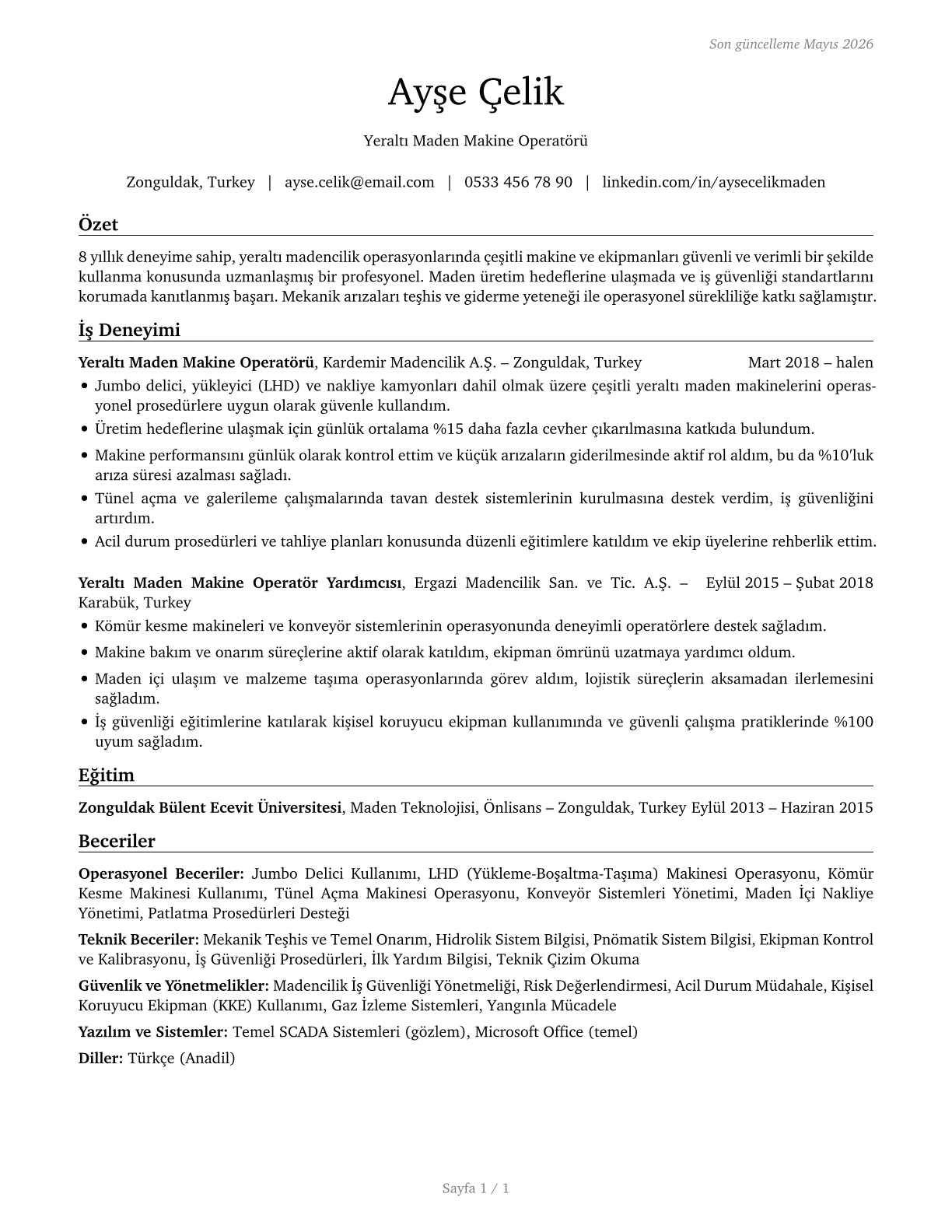 Underground Mining Machine Operators, All Other CV in Turkish — page 1