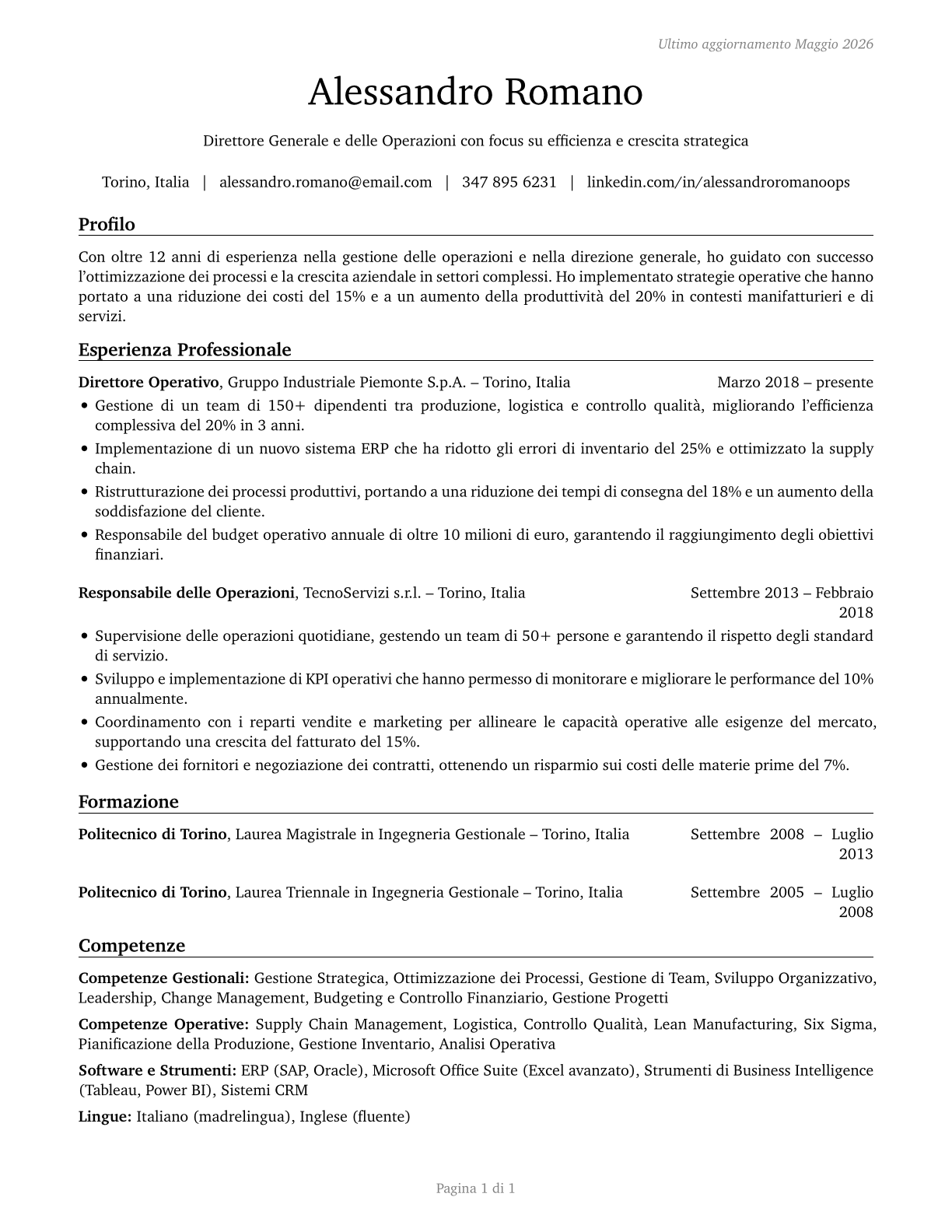 General and Operations Managers CV in Italian — page 1