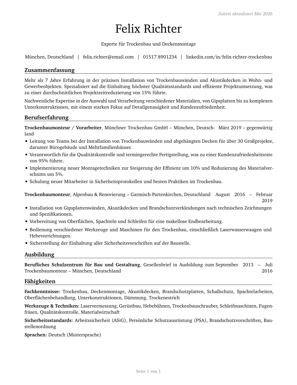 Drywall and Ceiling Tile Installers CV in German — page 1