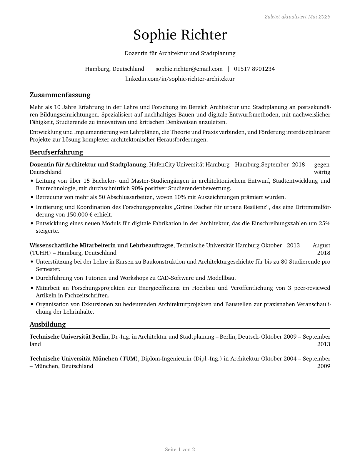 Architecture Teachers, Postsecondary CV in German — page 1