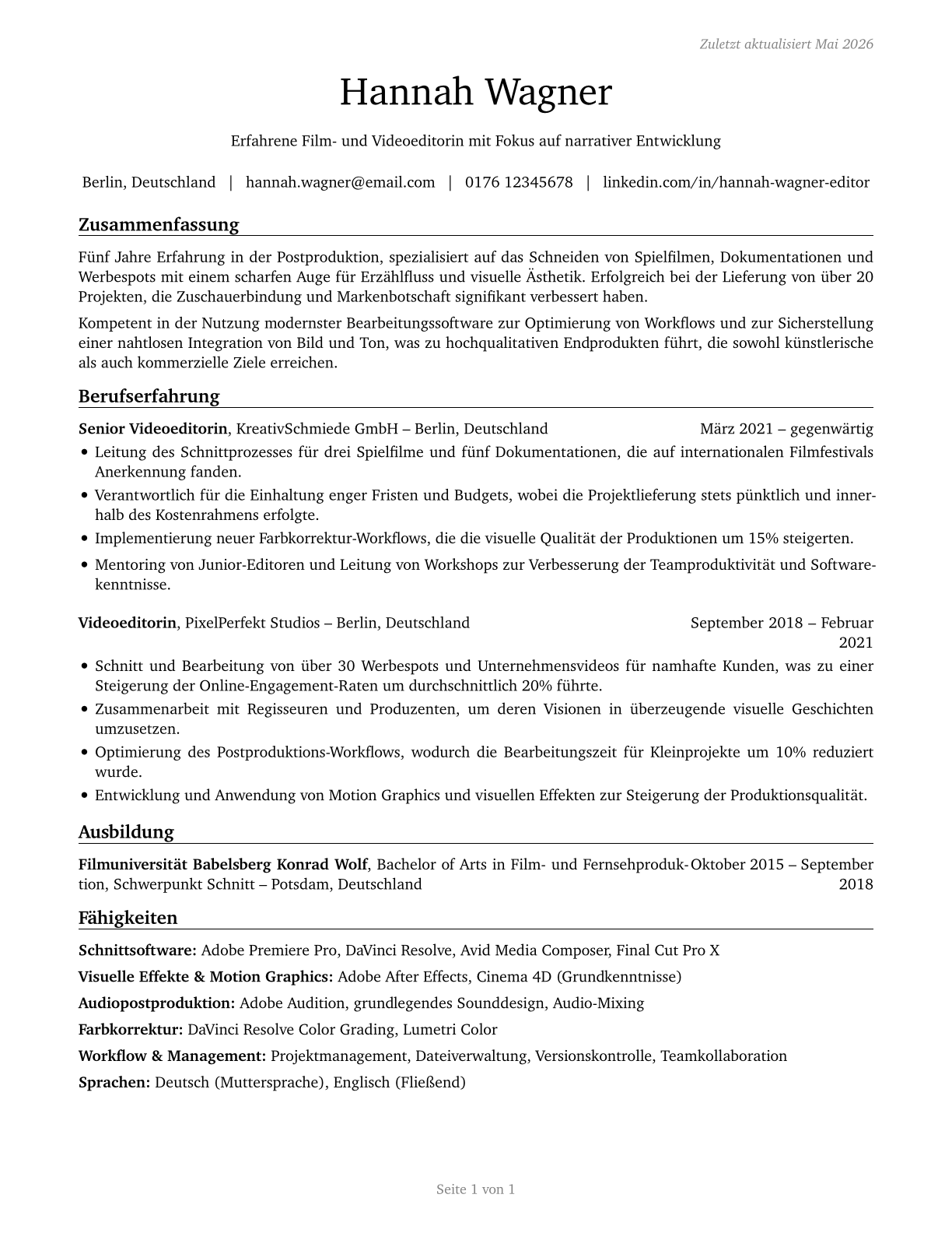 Film and Video Editors CV in German — page 1