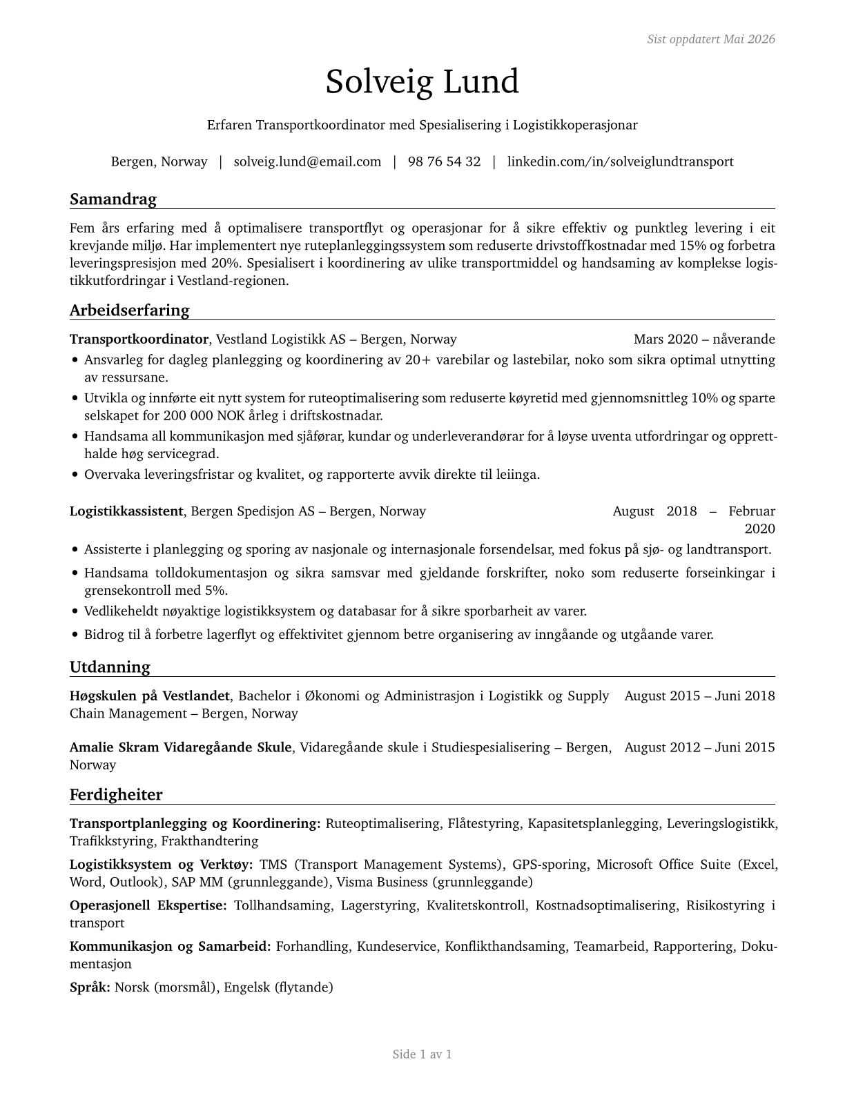 Transportation Workers, All Other CV in Norwegian_nynorsk — page 1