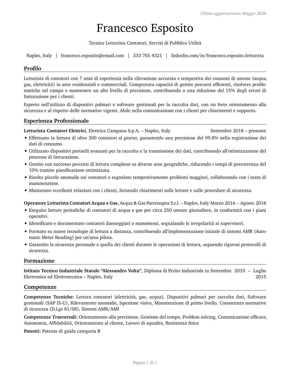 Meter Readers, Utilities CV in Italian — page 1