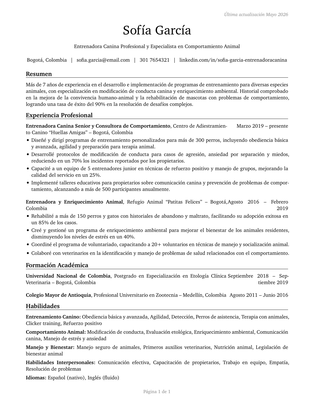 Animal Trainers CV in Spanish — page 1