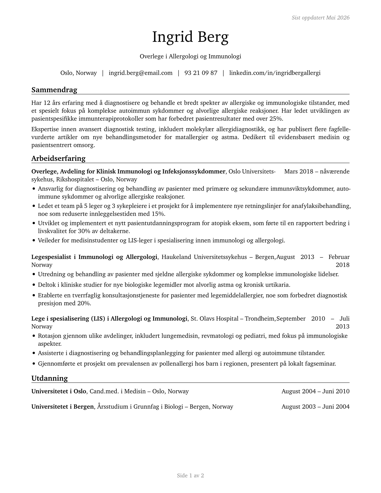 Allergists and Immunologists CV in Norwegian_bokmal — page 1