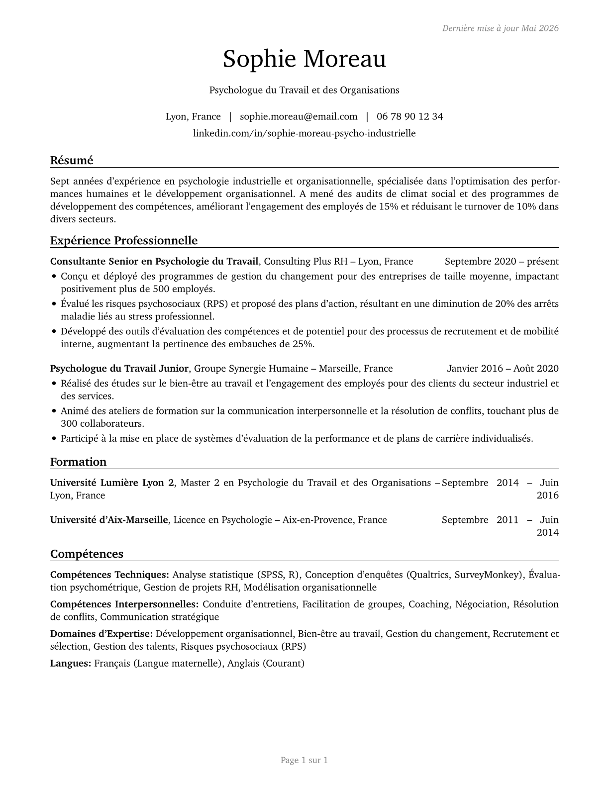 Industrial-Organizational Psychologists CV in French — page 1