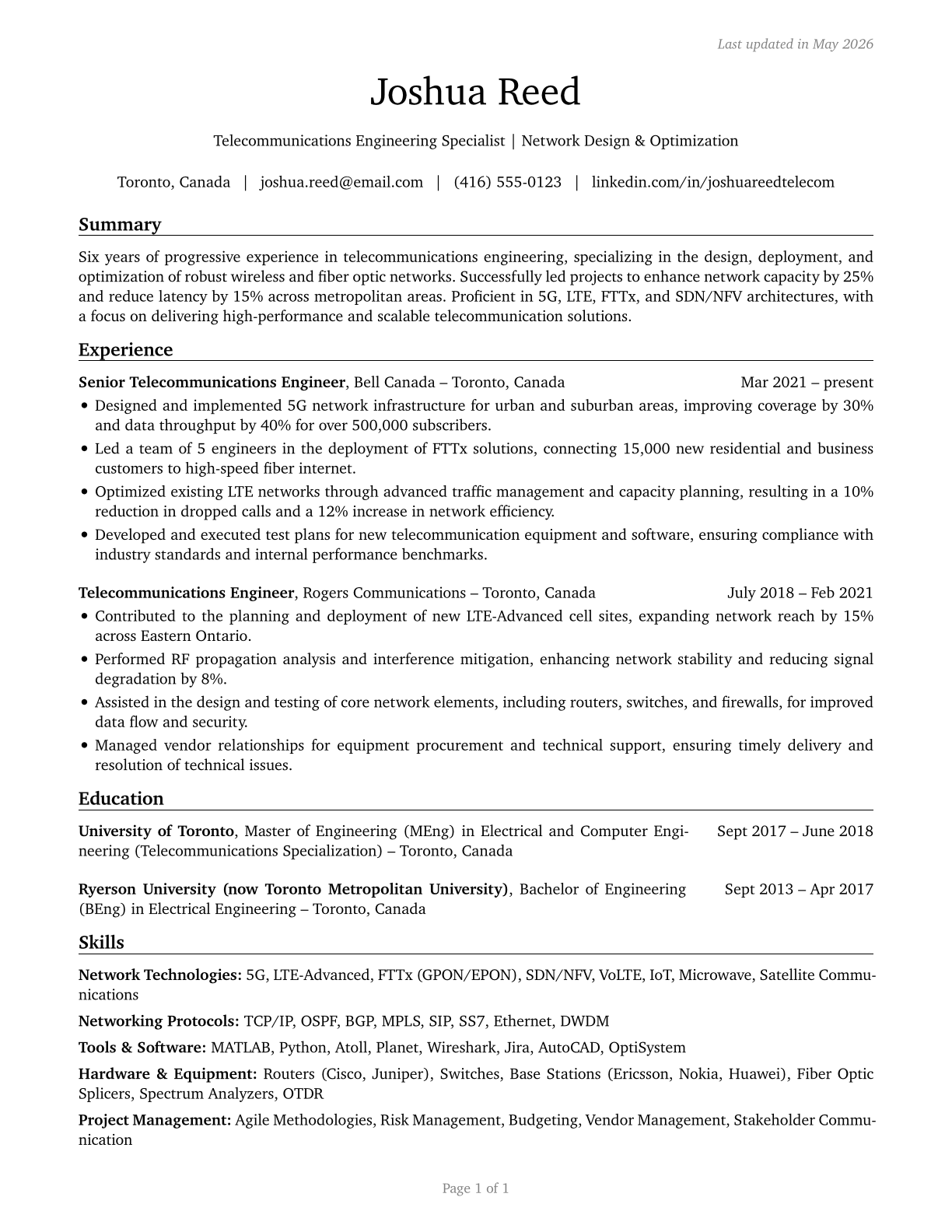 Telecommunications Engineering Specialists CV in English — page 1