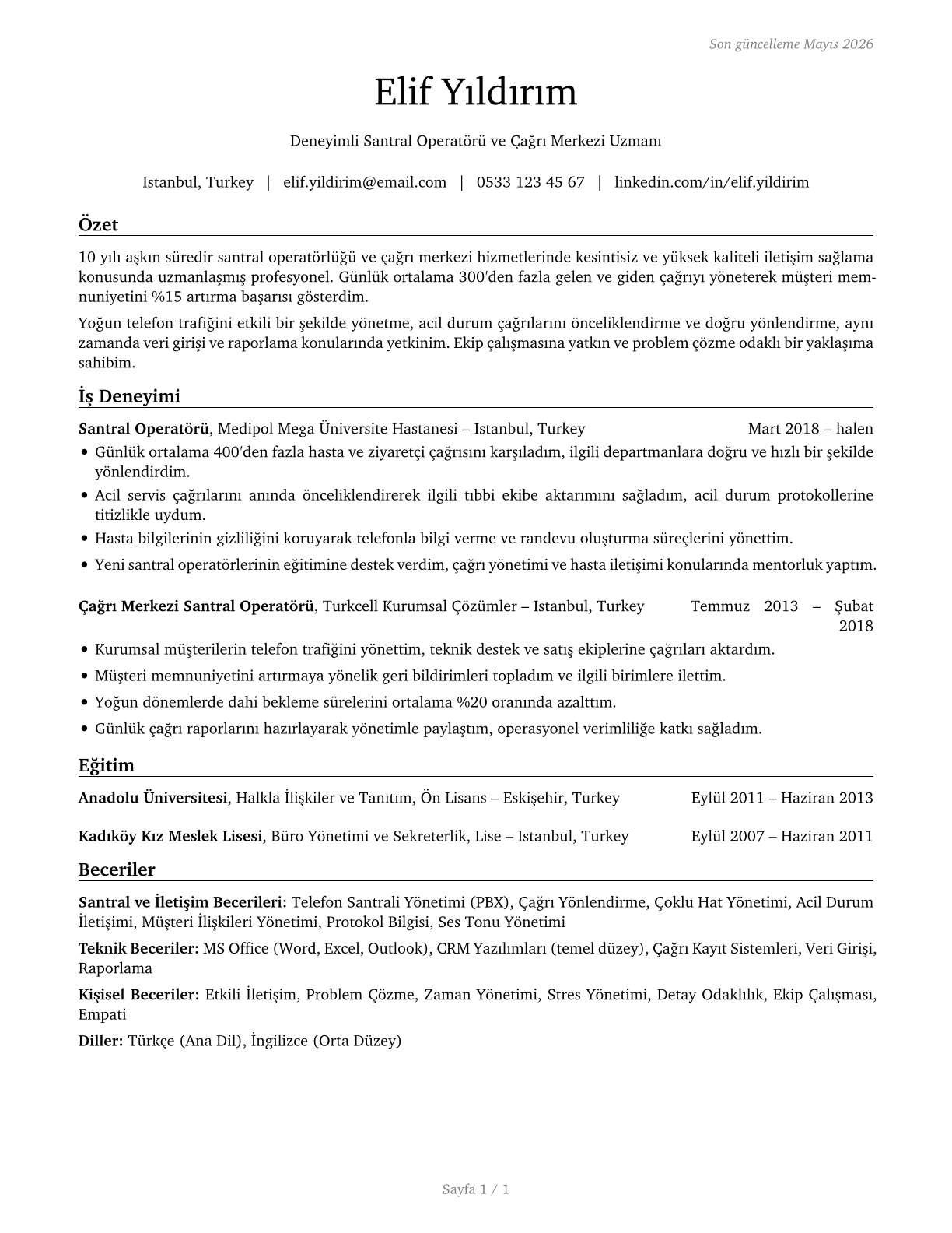 Switchboard Operators, Including Answering Service CV in Turkish — page 1