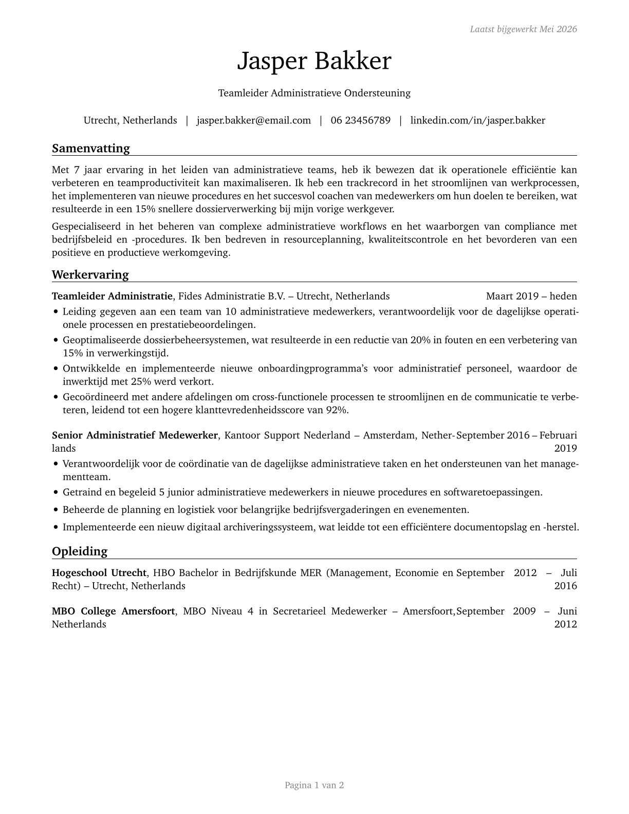 First-Line Supervisors of Office and Administrative Support Workers CV in Dutch — page 1