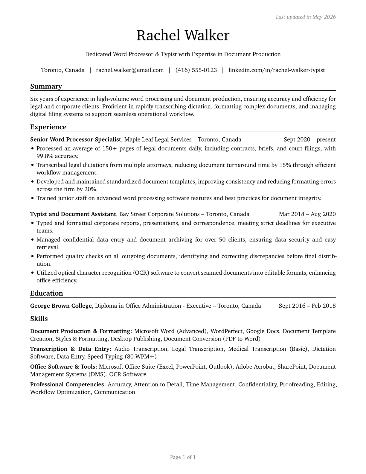 Word Processors and Typists CV in English — page 1
