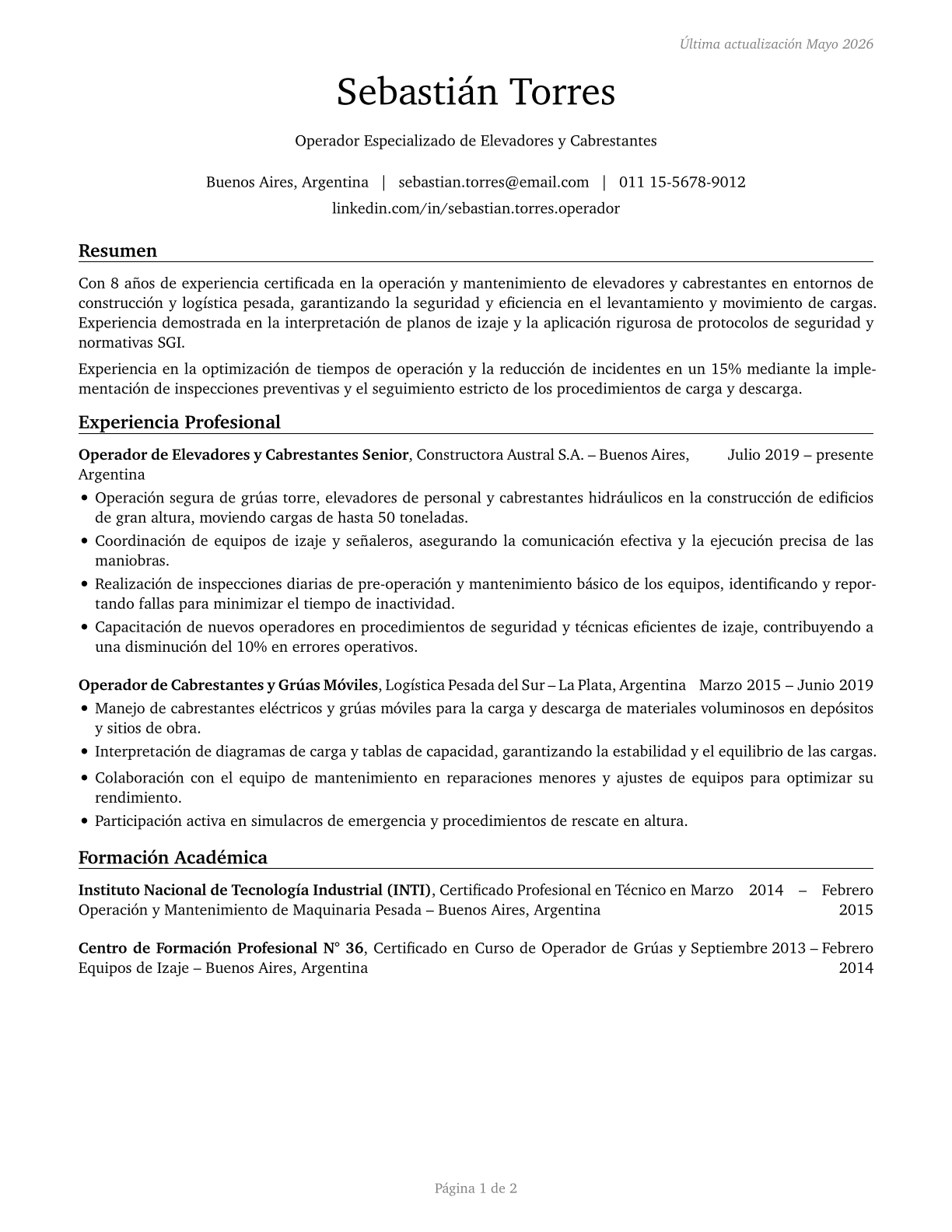 Hoist and Winch Operators CV in Spanish — page 1
