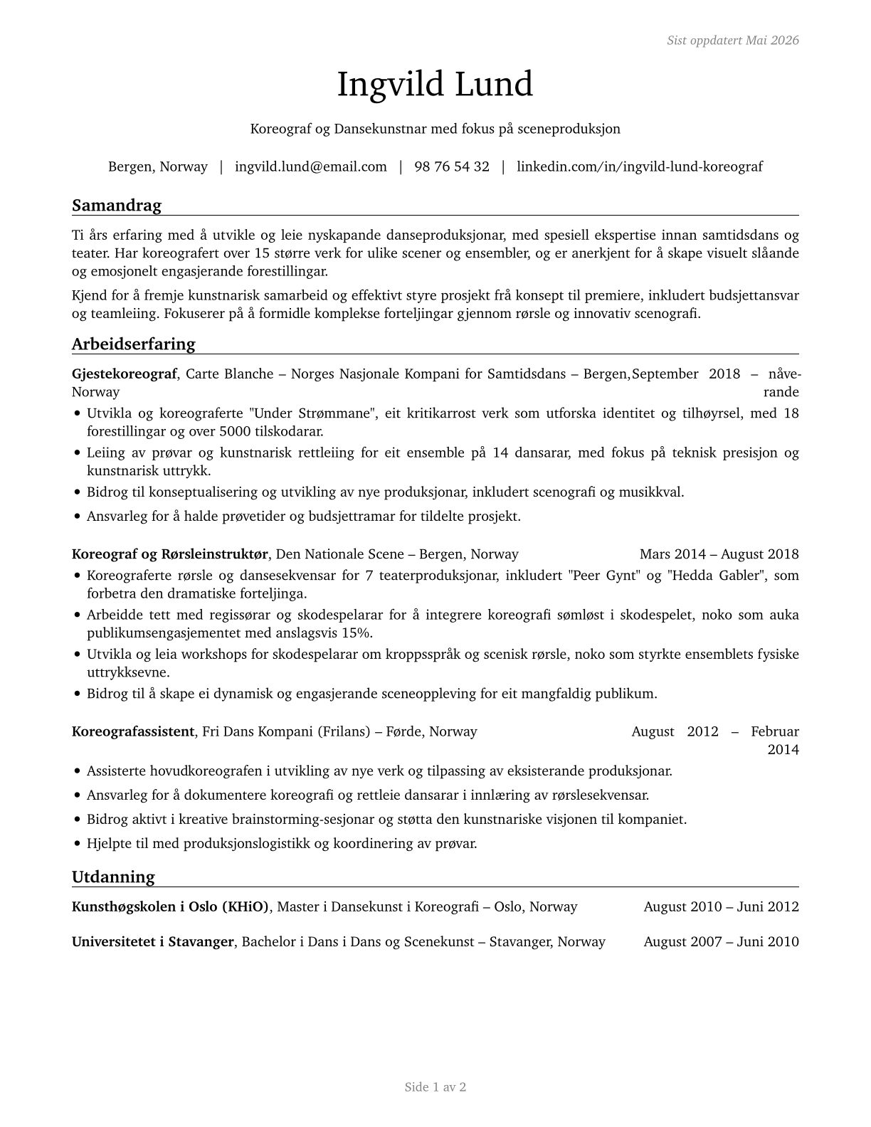 Choreographers CV in Norwegian_nynorsk — page 1