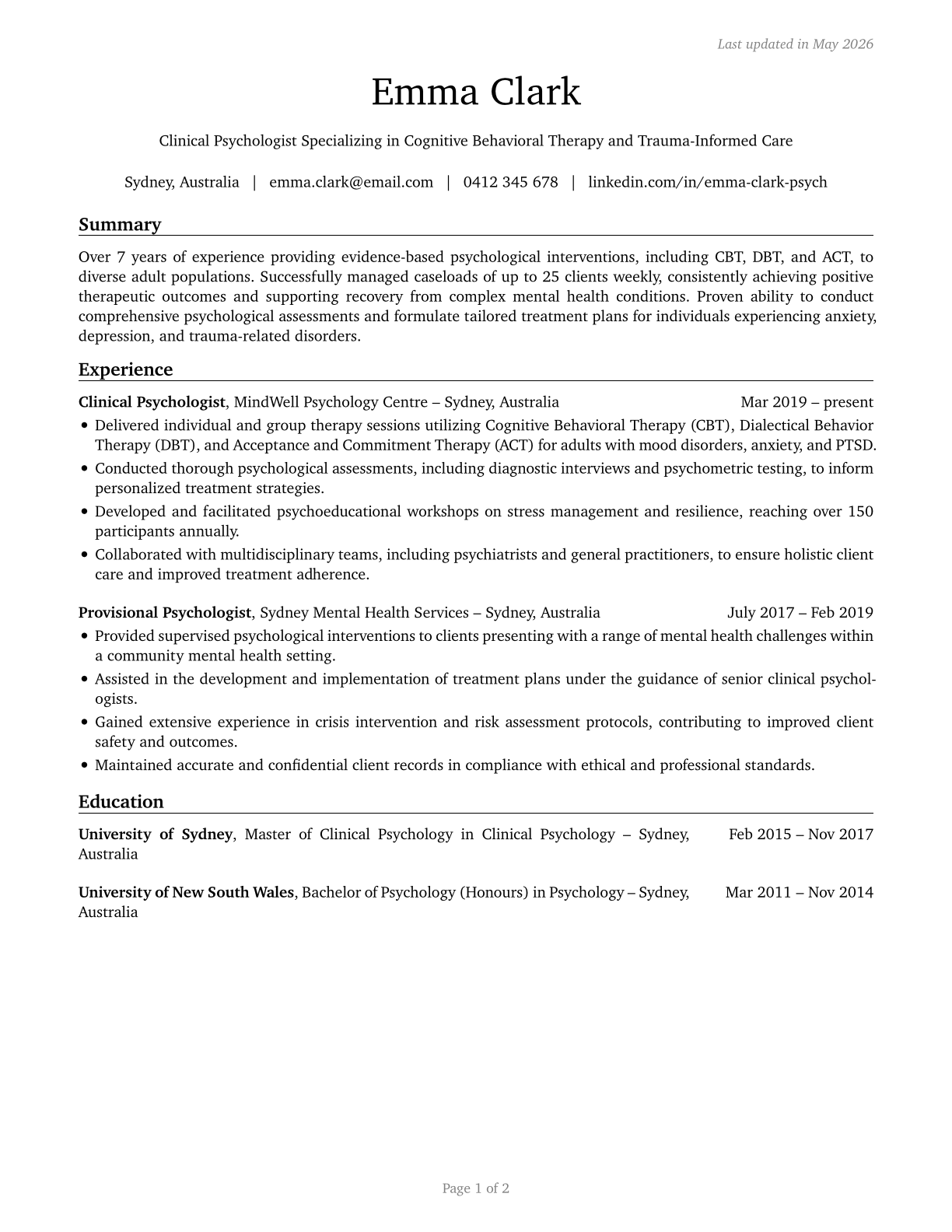 Psychologists, All Other CV in English — page 1