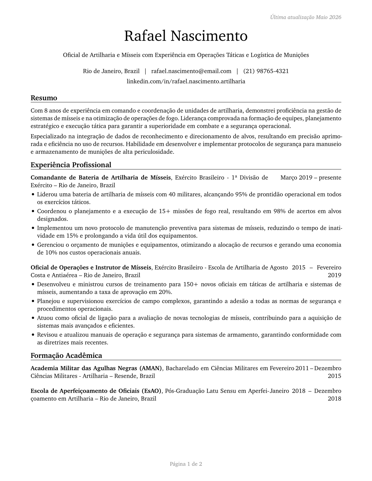 Artillery and Missile Officers CV in Portuguese — page 1