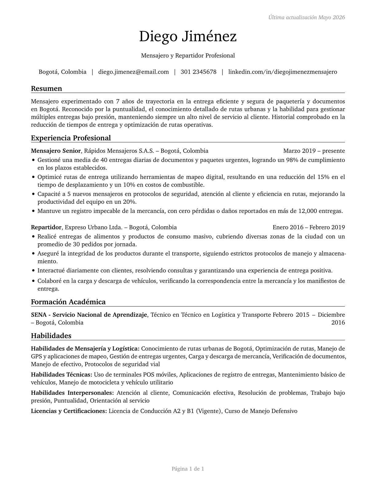 Couriers and Messengers CV in Spanish — page 1