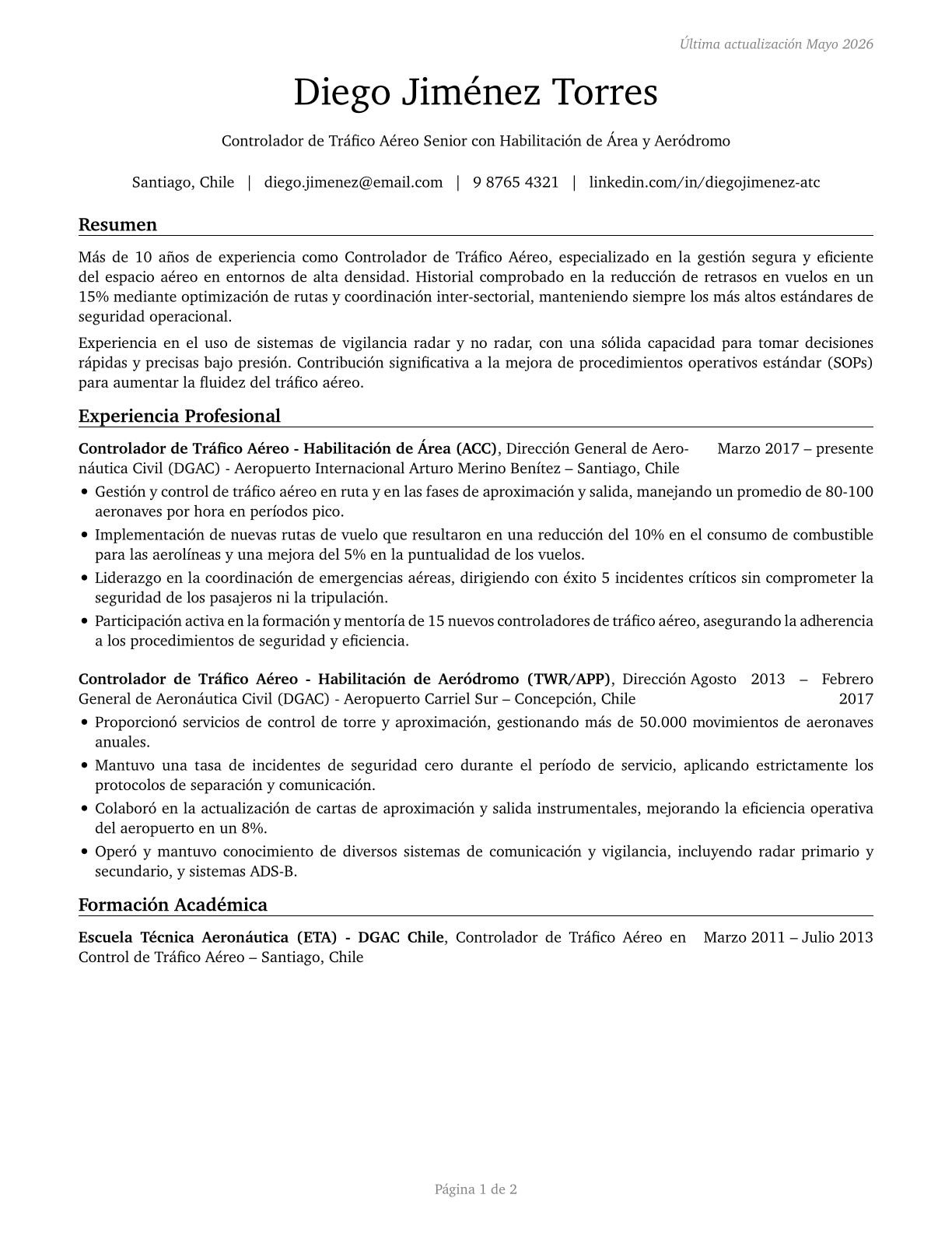 Air Traffic Controllers CV in Spanish — page 1
