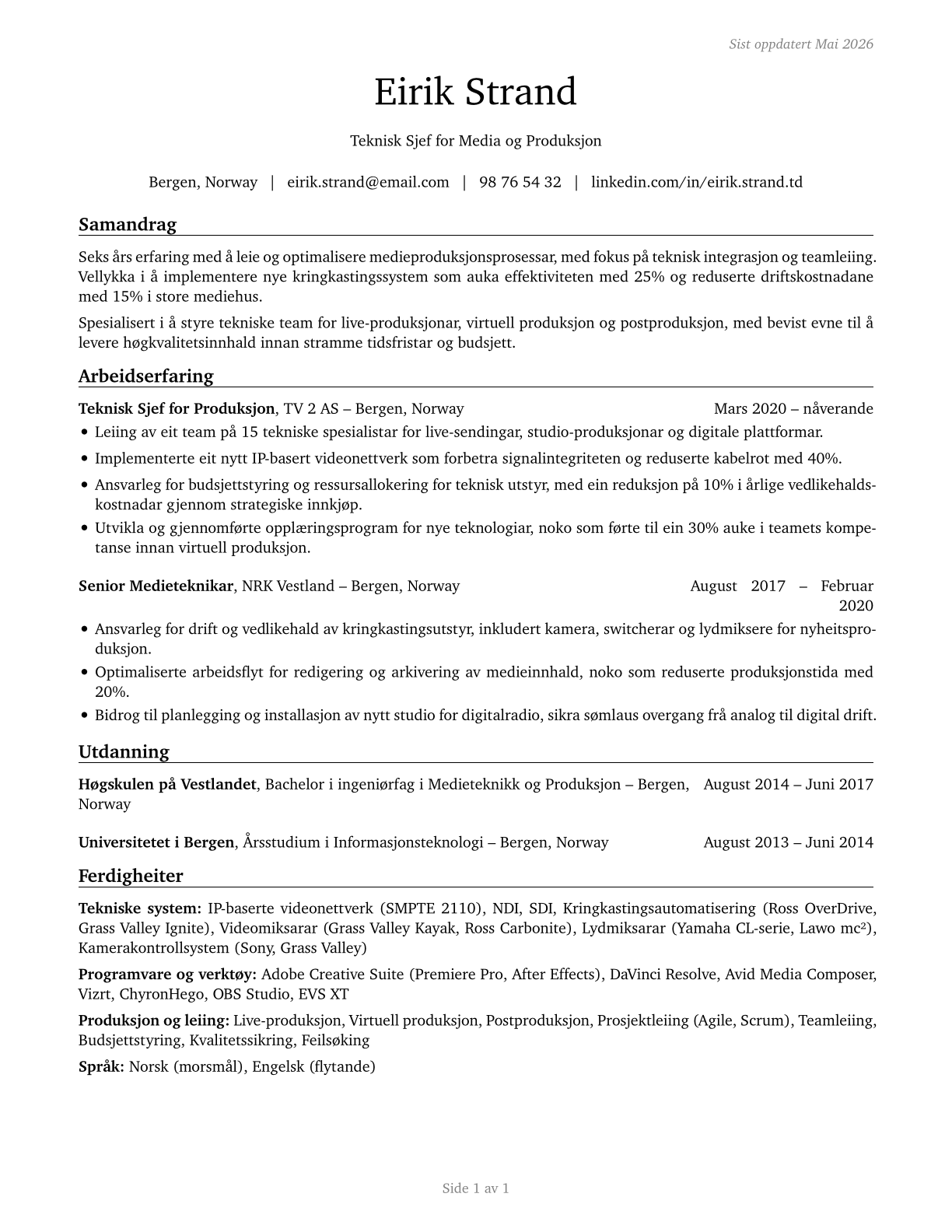 Media Technical Directors/Managers CV in Norwegian_nynorsk — page 1