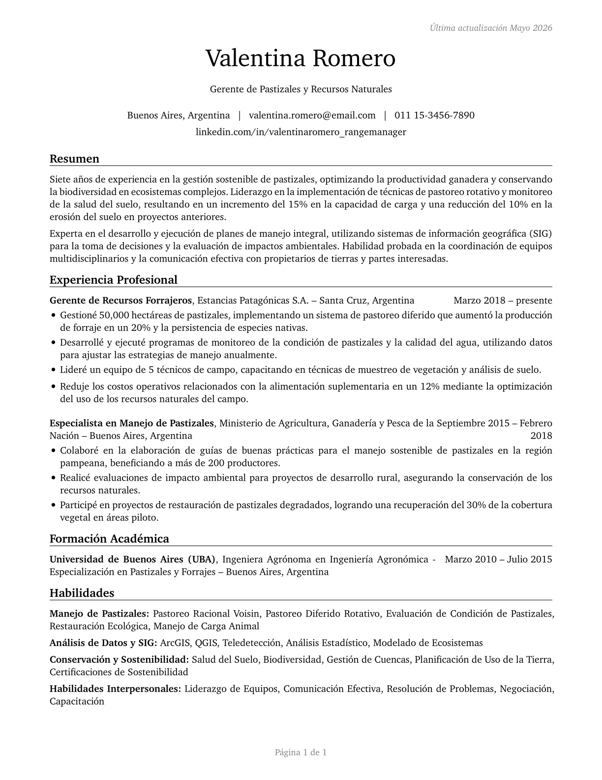 Range Managers CV in Spanish — page 1