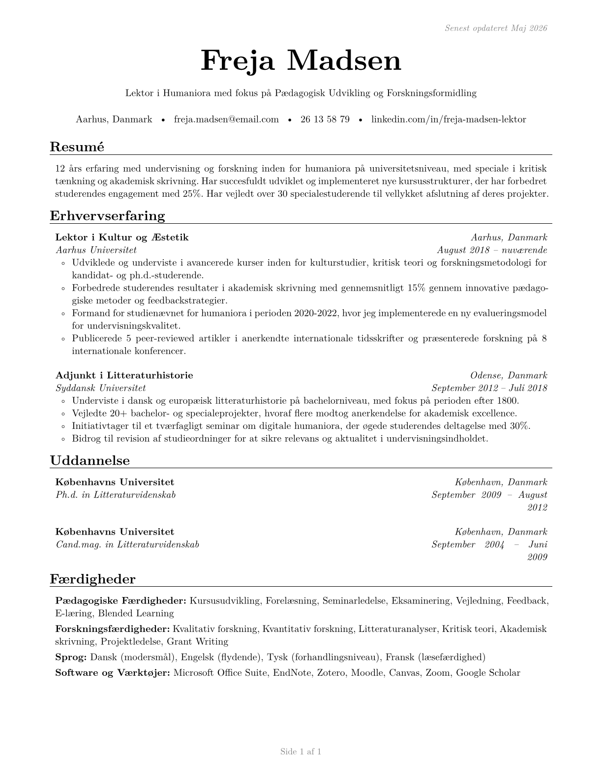 Postsecondary Teachers, All Other CV in Danish — page 1