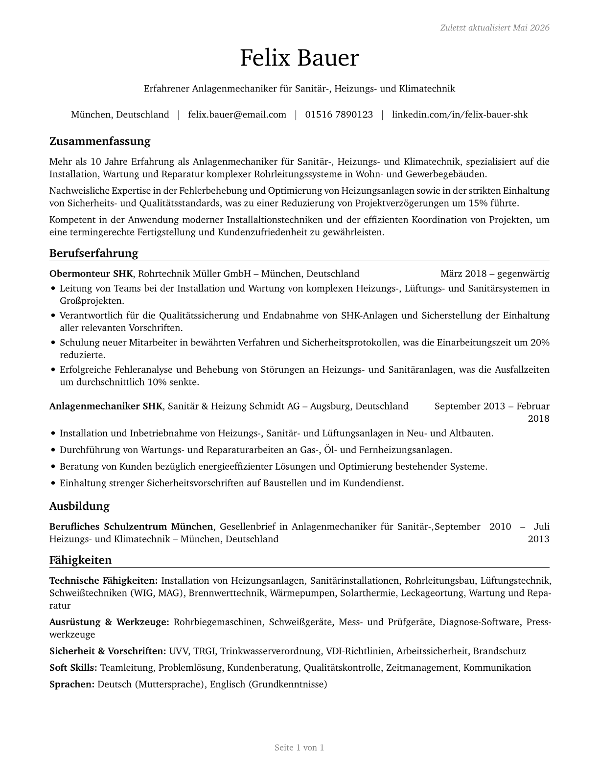 Plumbers, Pipefitters, and Steamfitters CV in German — page 1
