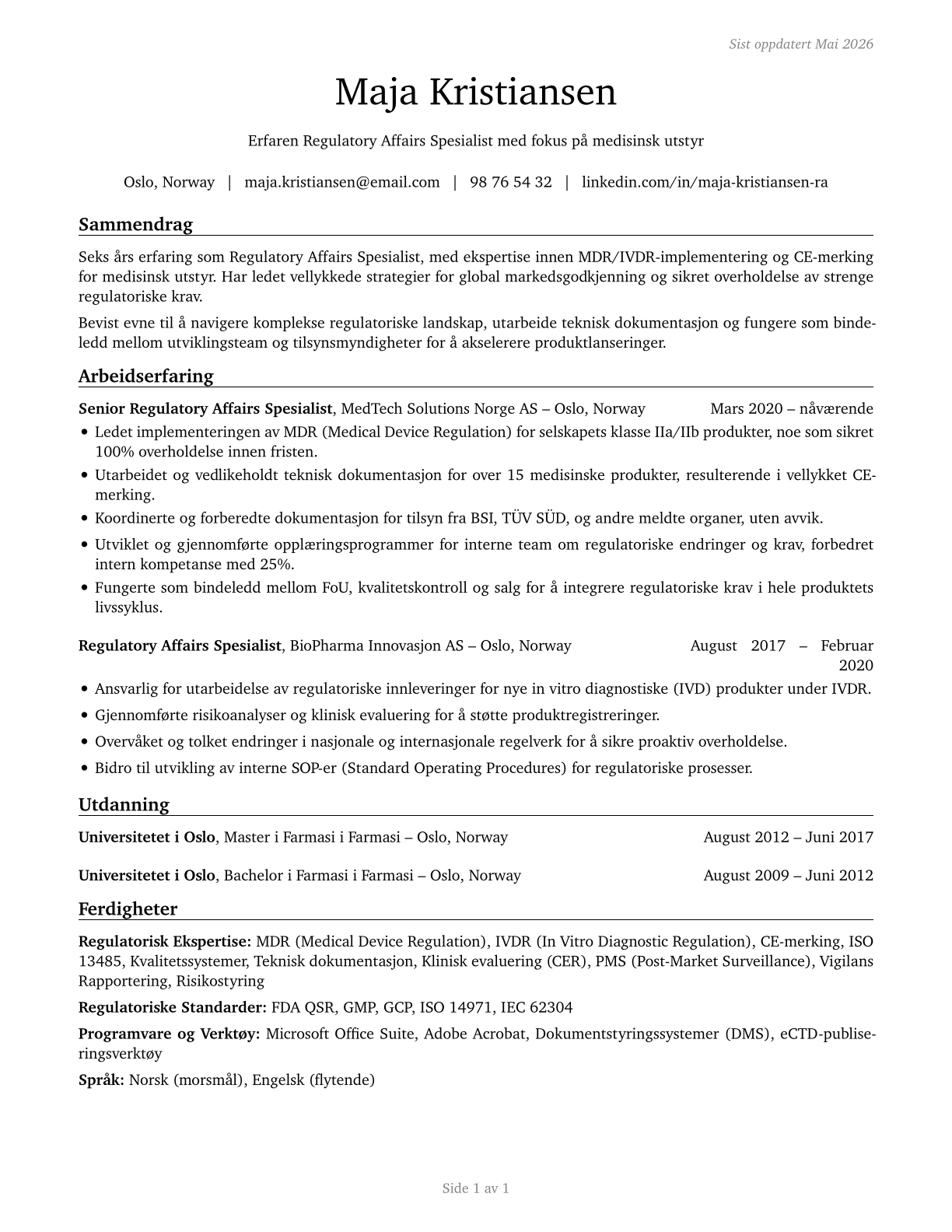 Regulatory Affairs Specialists CV in Norwegian_bokmal — page 1