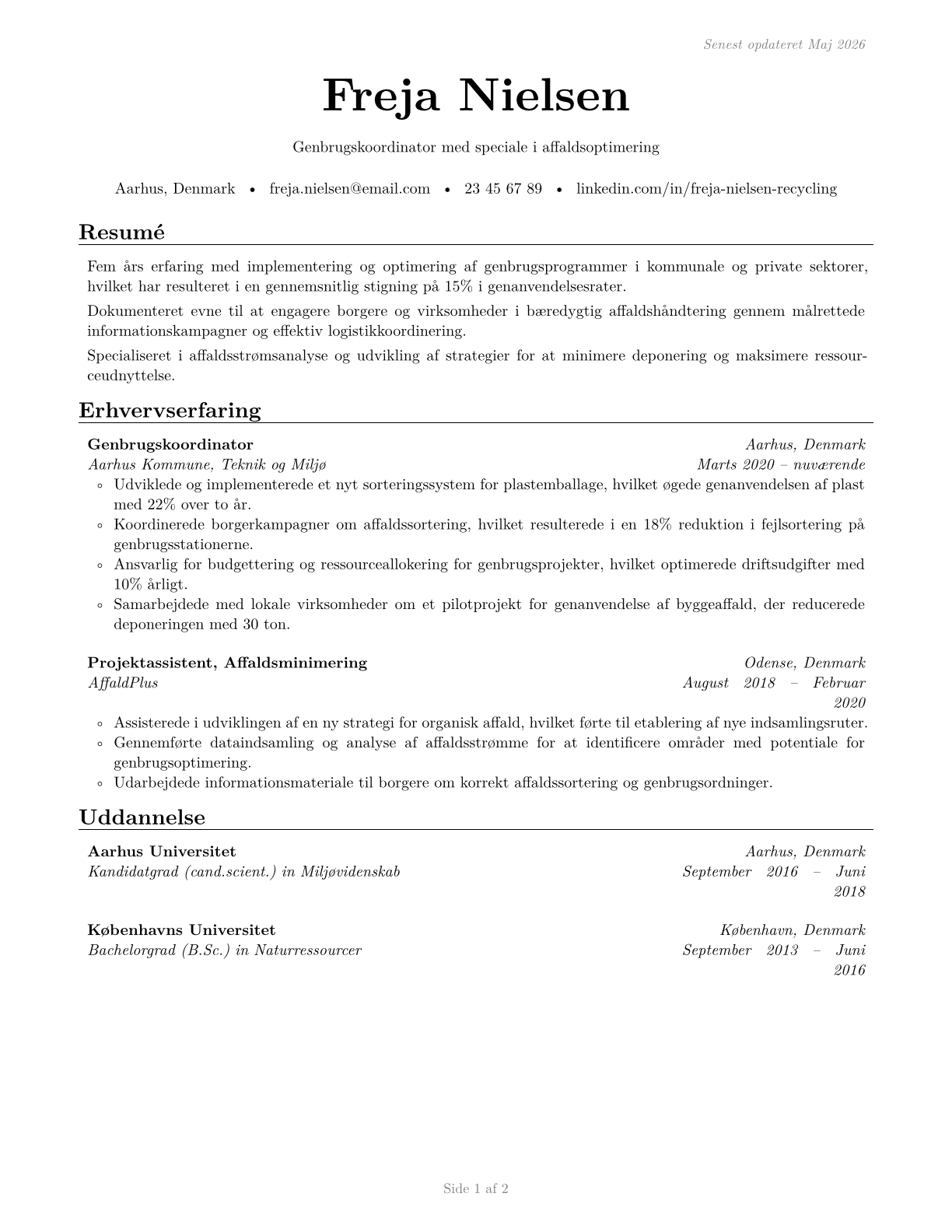 Recycling Coordinators CV in Danish — page 1