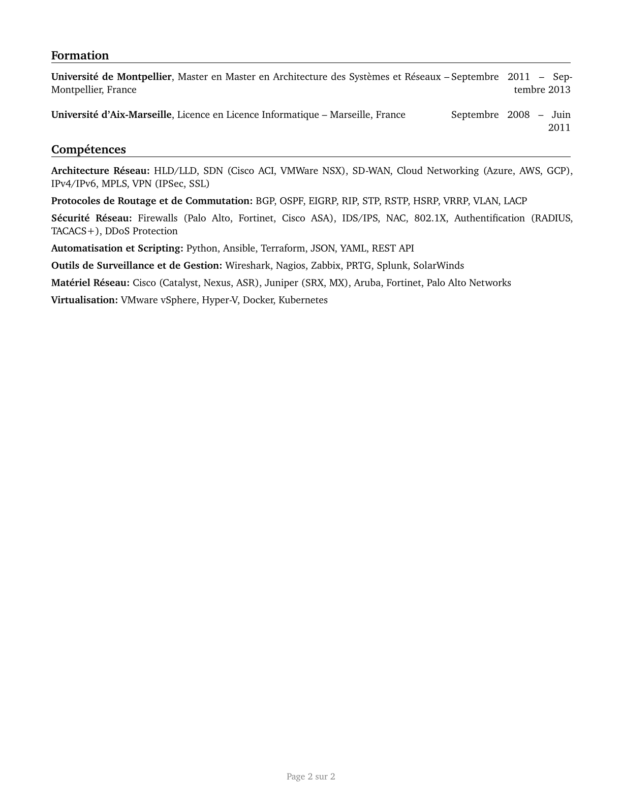 Computer Network Architects CV in French — page 2