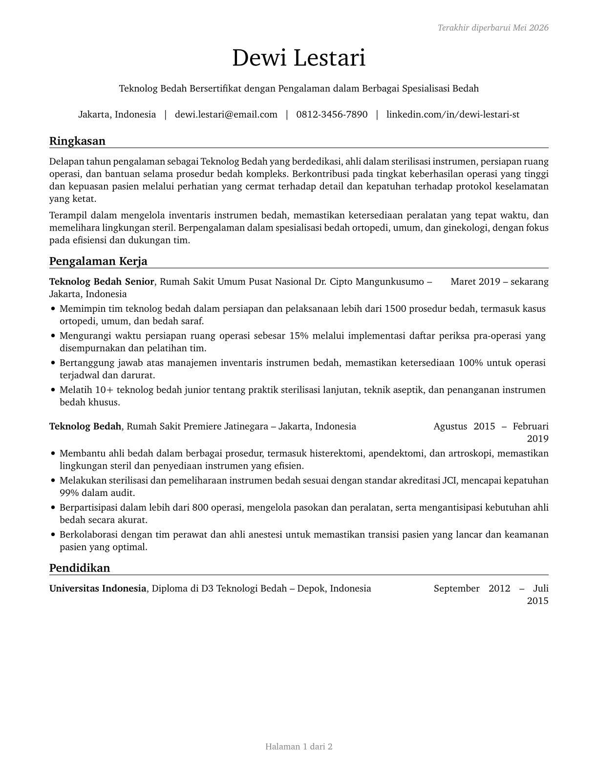 Surgical Technologists CV in Indonesian — page 1